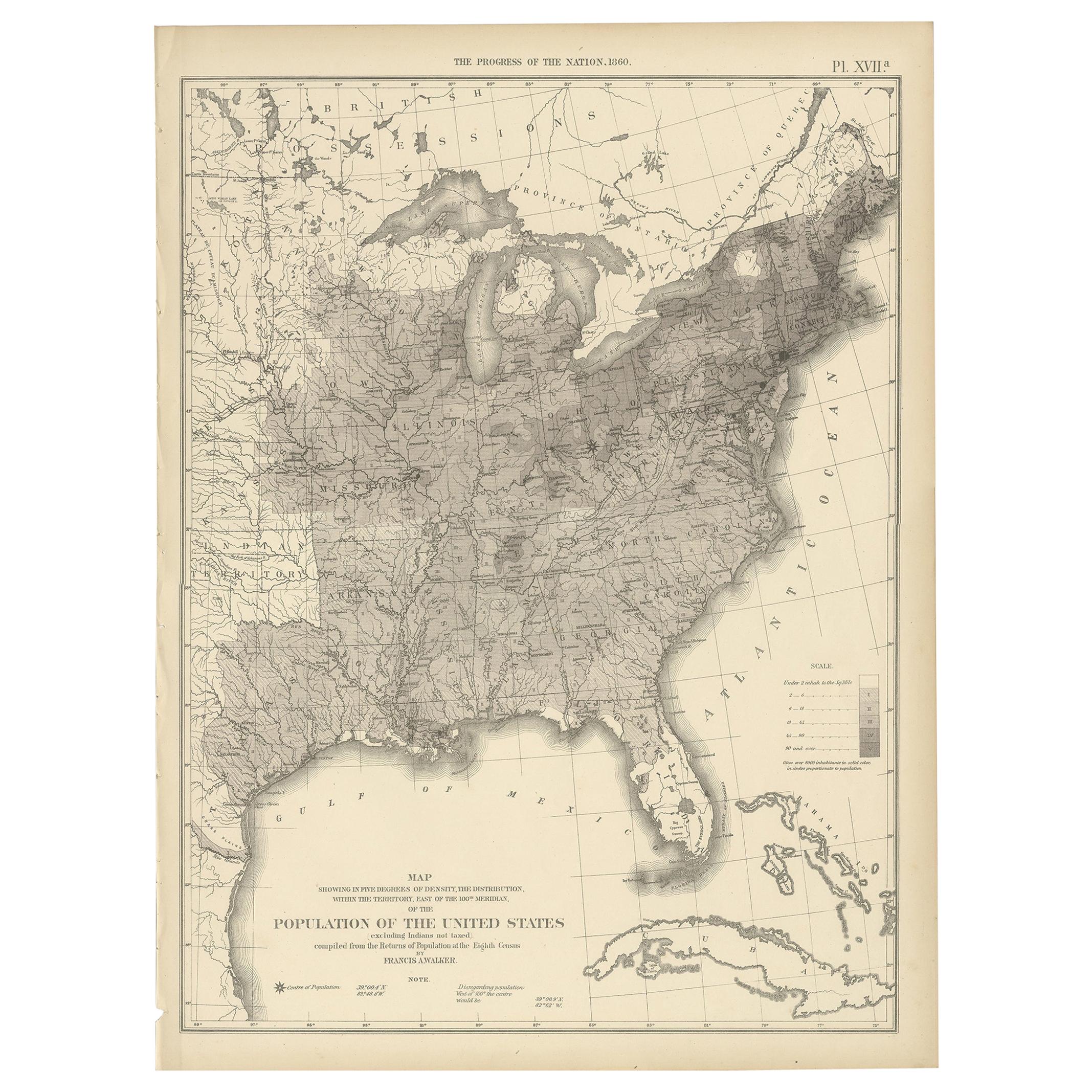 Pl. 17A Antique Chart of the US Population 1860 by Walker, '1874'