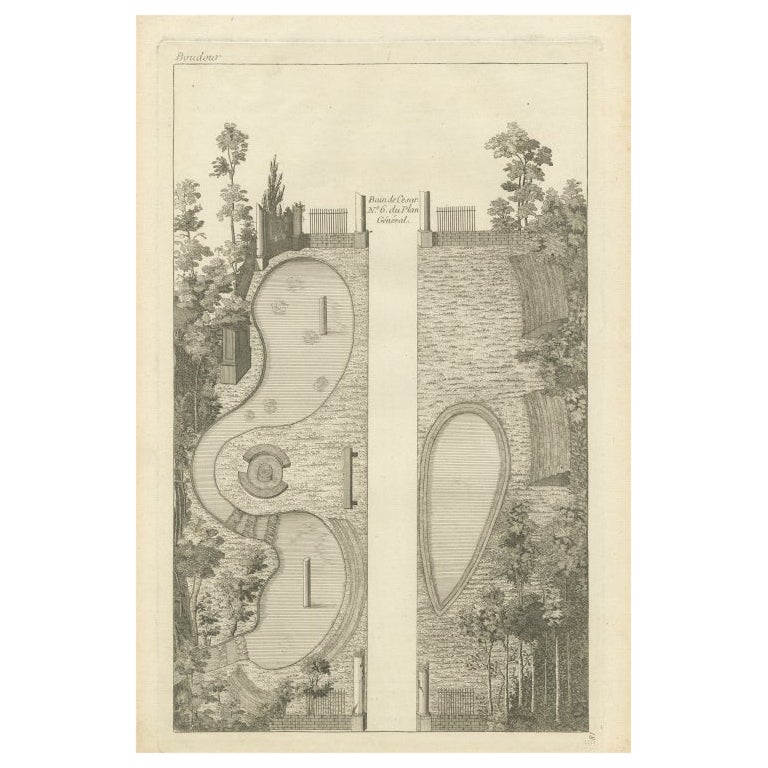 Impression ancienne d'un dessin de jardin par Le Rouge, Pl. 18, vers 1785