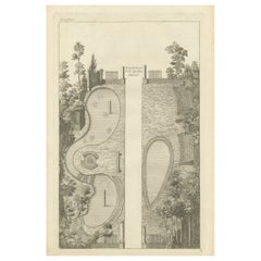 Impression ancienne d'un dessin de jardin par Le Rouge, Pl. 18, vers 1785