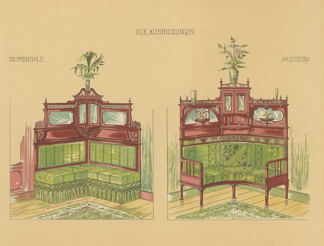 Antique print titled 'Eck Ausbildungen - Chippendale - Modern'. Lithograph of corner furniture. This print originates from 'Det Moderna Hemmet' by Johannes Kramer. Published by Ferdinand Hey'l, circa 1910.