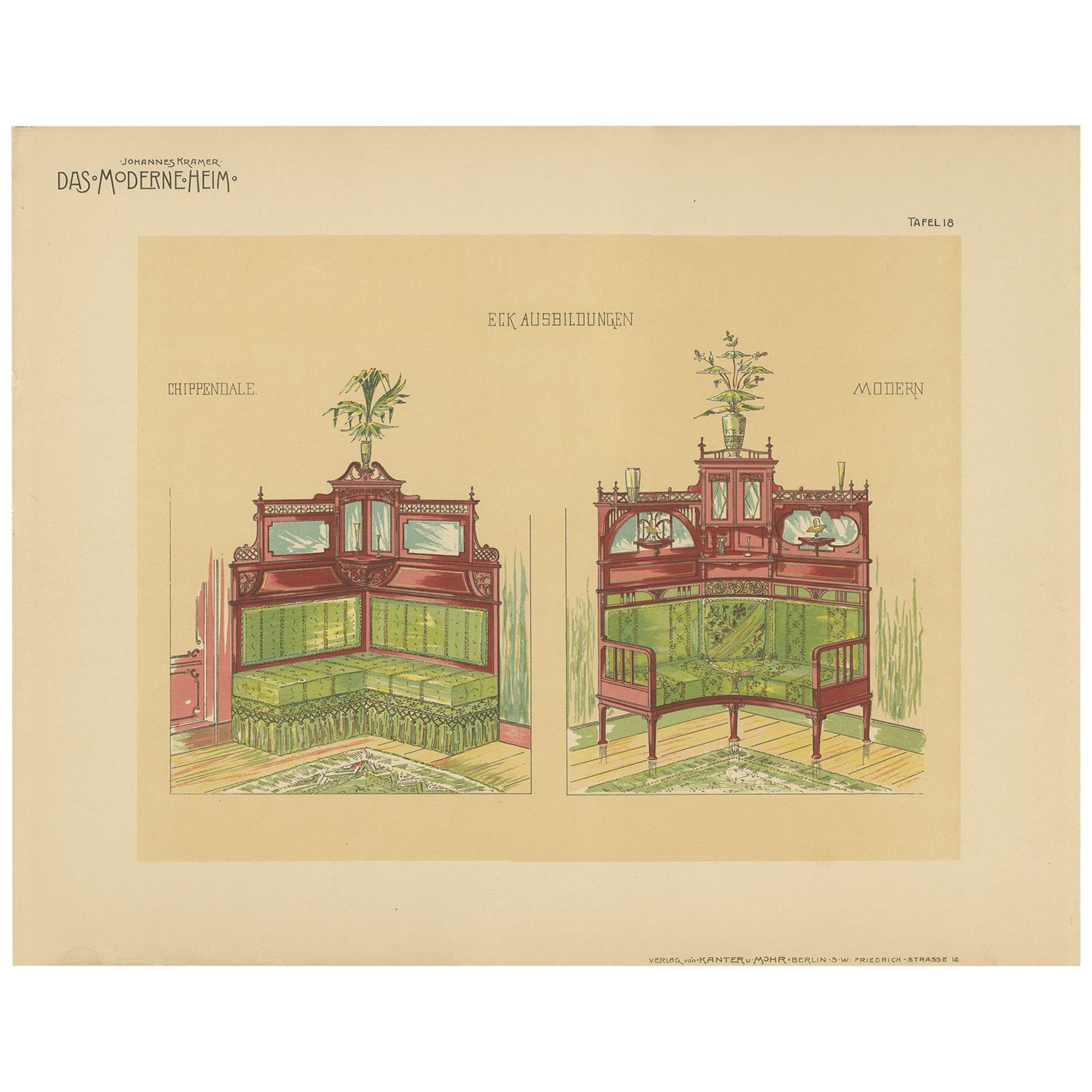 Pl. 18 Antique Print of Corner Furniture by Kramer 'circa 1910' For Sale