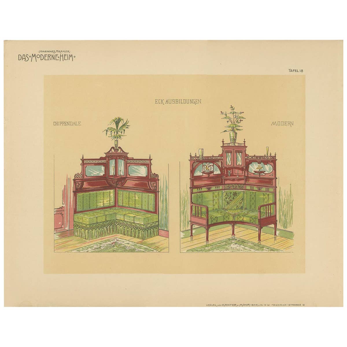 Pl. 18 Antique Print of Corner Furniture by Kramer 'circa 1910'
