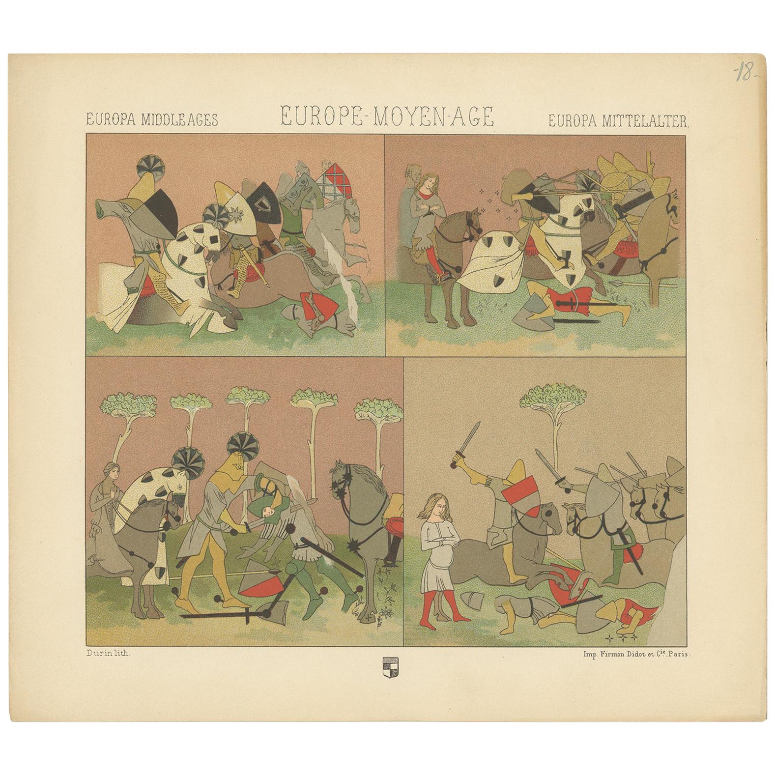 Pl. 18 Antique Print of European Battle Scene by Racinet 'circa 1880' For Sale