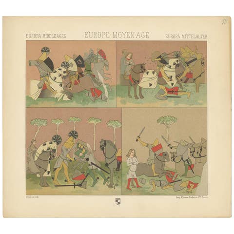 Pl. 18 Antique Print of European Battle Scene by Racinet 'circa 1880'
