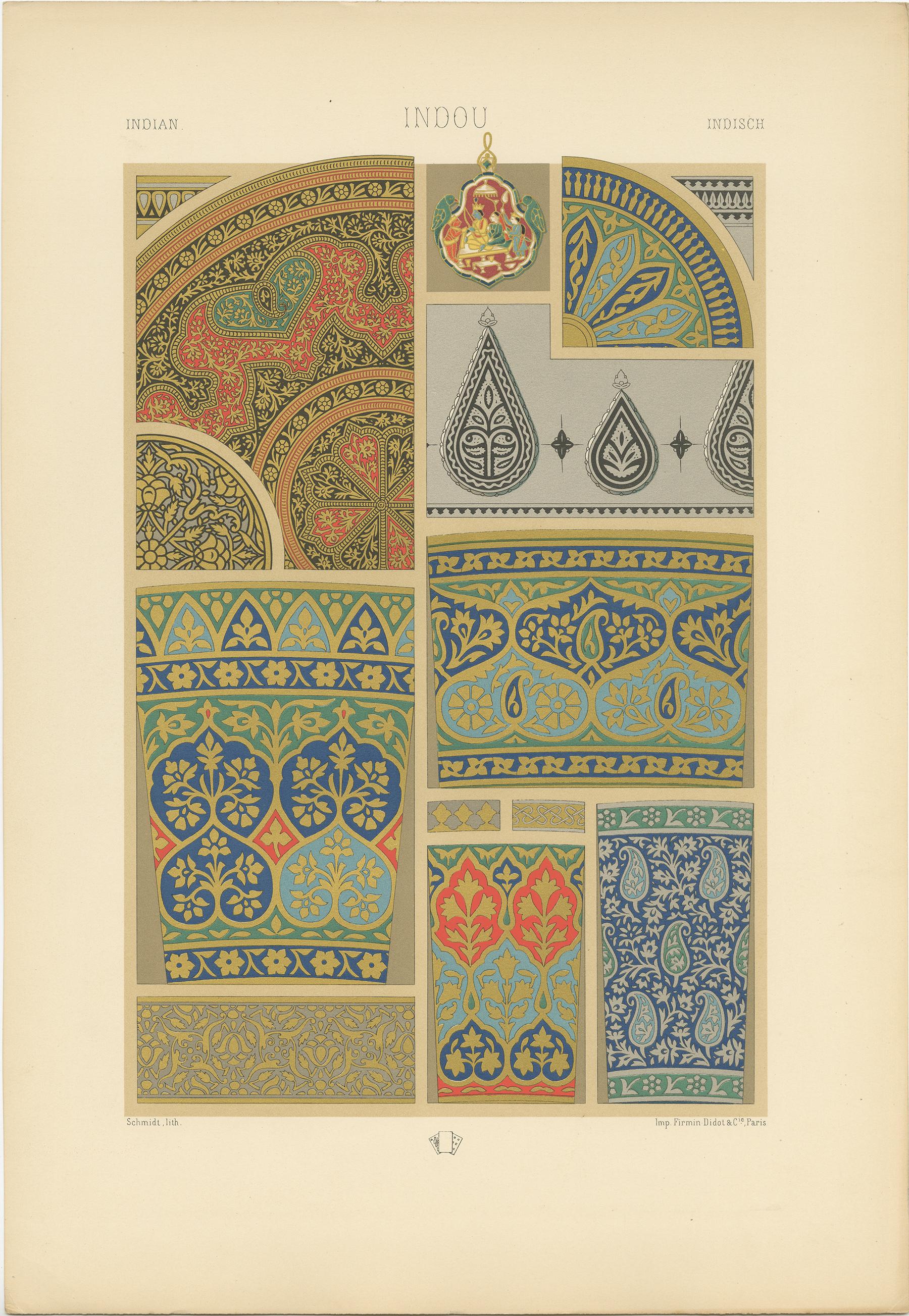 Antique print titled 'Indian - Indou - Indisch'. Chromolithograph of Indian enamels, cloisonné niello and chased steel from Kashmir and the north ornaments. This print originates from 'l'Ornement Polychrome' by Auguste Racinet. Published circa 1890.