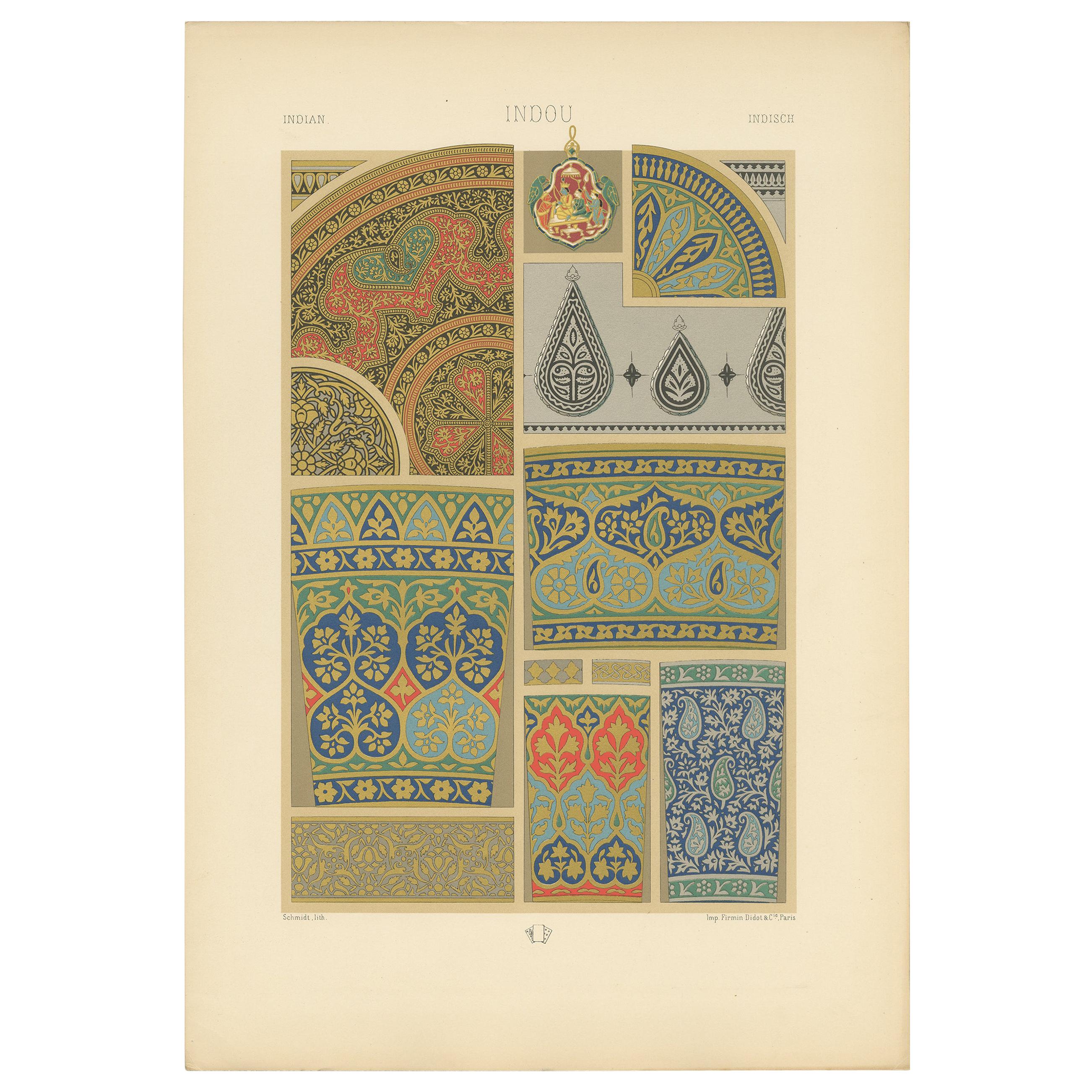 Pl. 18 Antique Print of Indian Enamels, Cloisonné Ornaments by Racinet For Sale