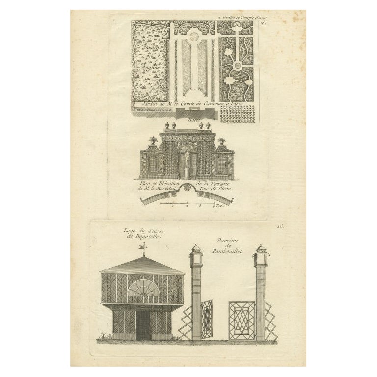 Pl. 18, Antiker Druck verschiedener Gartenelemente von Le Rouge, um 1785