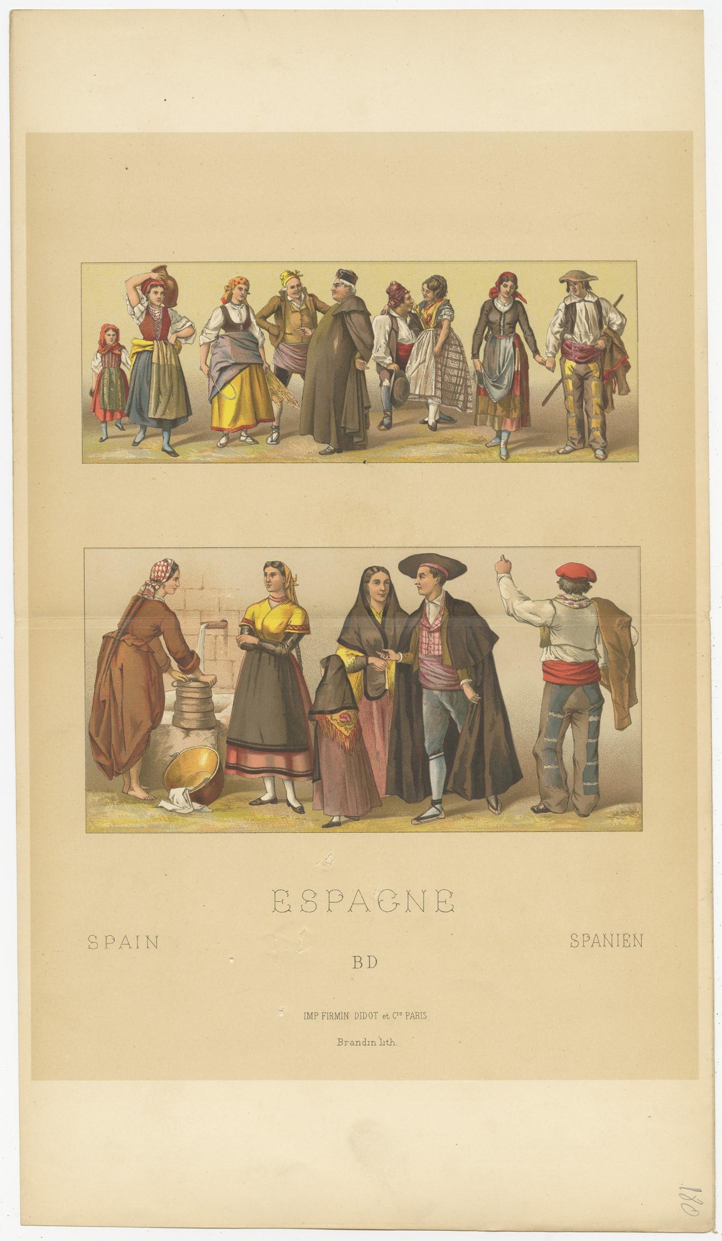 Antique print titled 'Spain - Espagne - Spanien'. Chromolithograph of Spanish Outfits. This print originates from 'Le Costume Historique' by M.A. Racinet. Published, circa 1880.
 
  