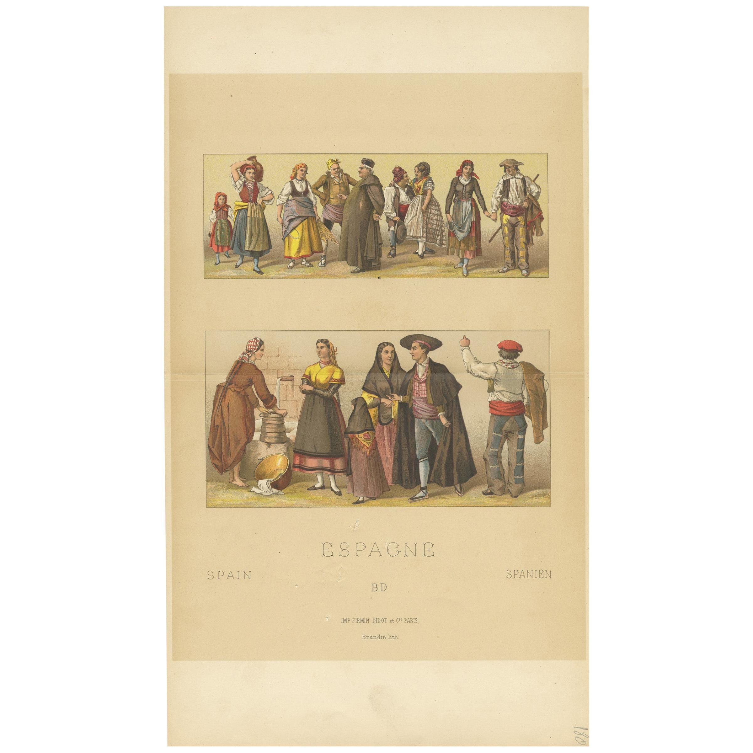 Antique Print of Spanish Outfits by Racinet, 'circa 1880'