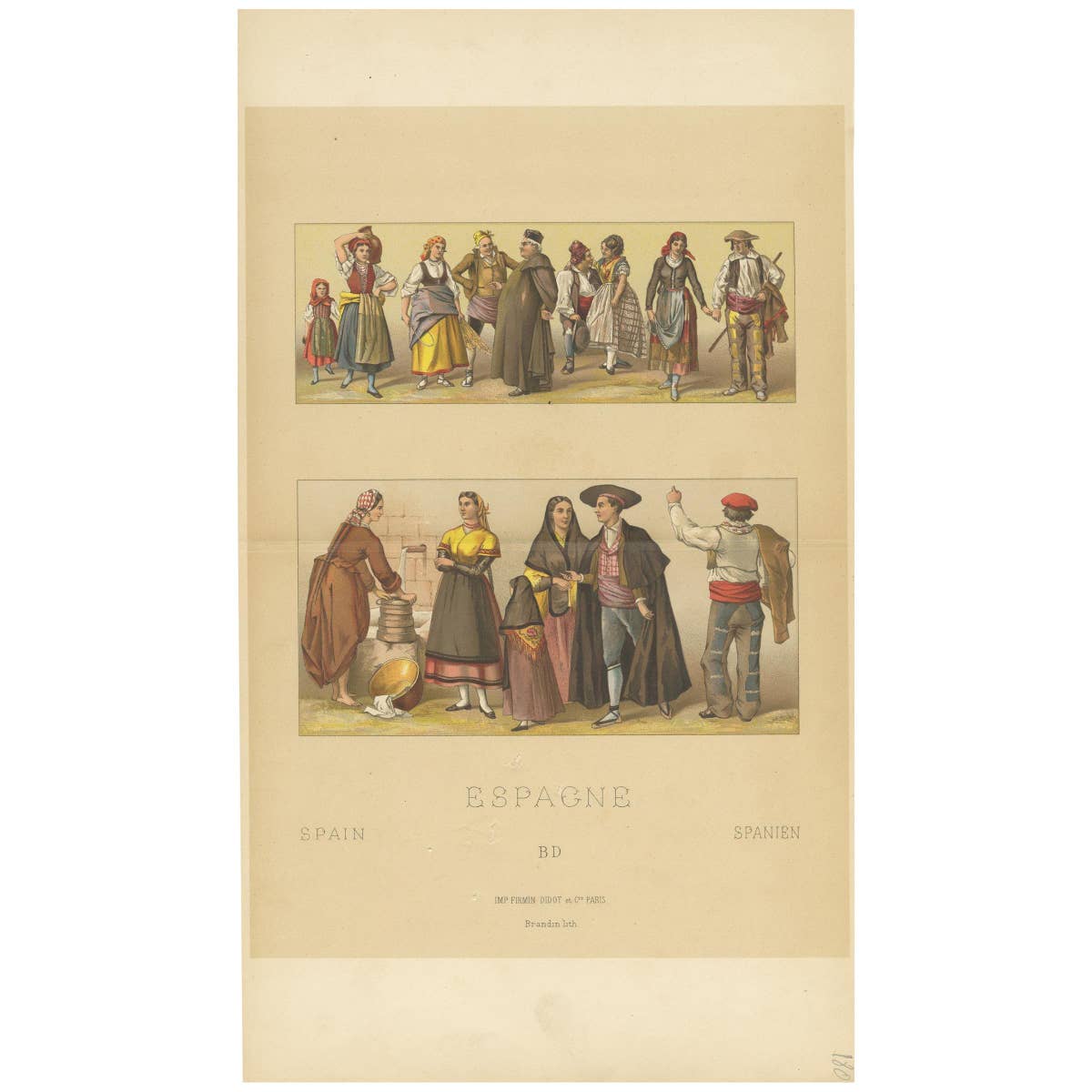 Antique Print of Spanish Outfits by Racinet, 'circa 1880'