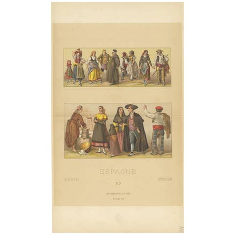 Antique Print of Spanish Outfits by Racinet, 'circa 1880'