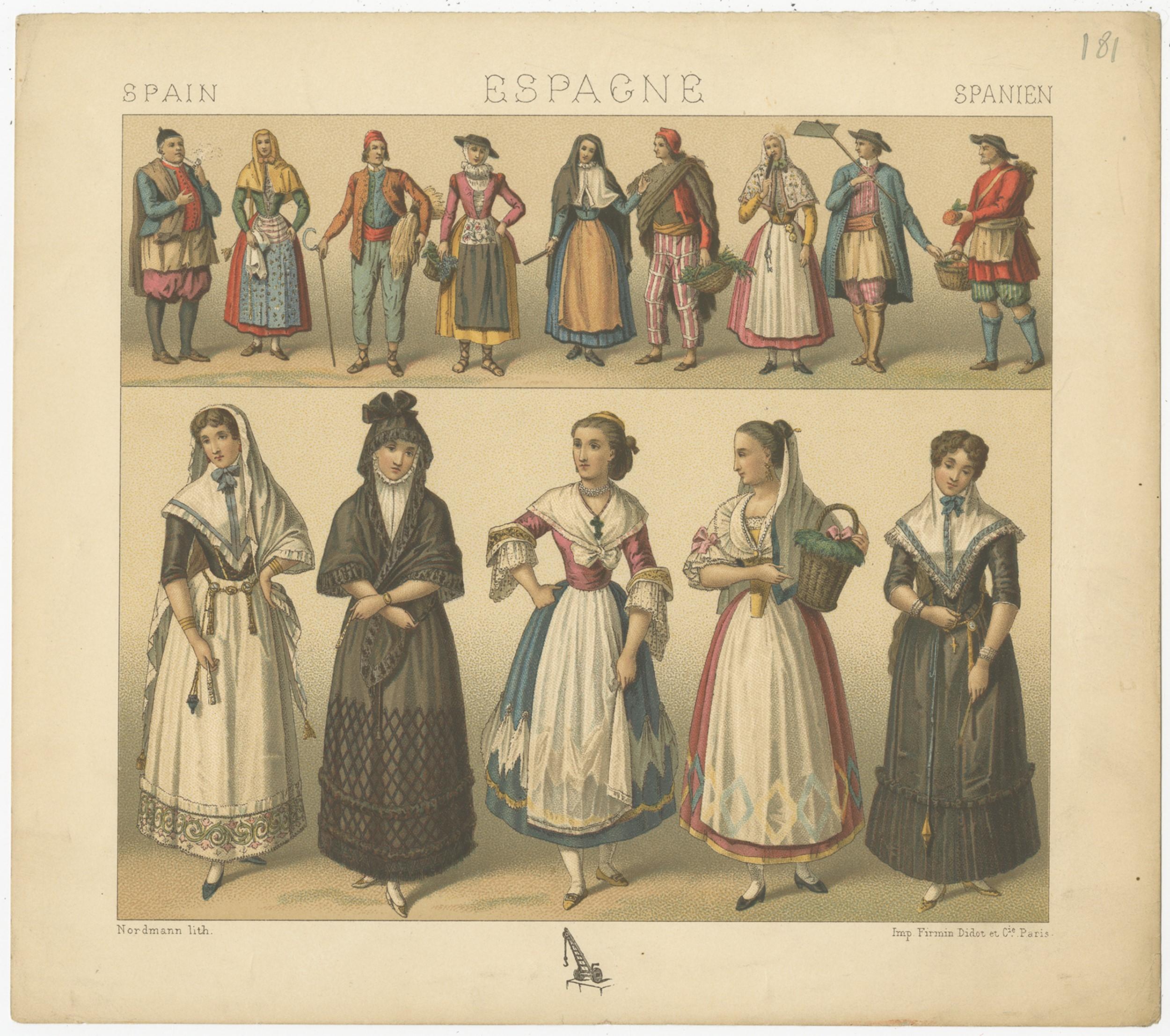 Antique print titled 'Spain - Espagne - Spanien'. Chromolithograph of Spanish Costumes. This print originates from 'Le Costume Historique' by M.A. Racinet. Published, circa 1880.
 
  