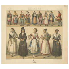 Antiker Druck spanischer Kostüme von Racinet, 'circa 1880'.