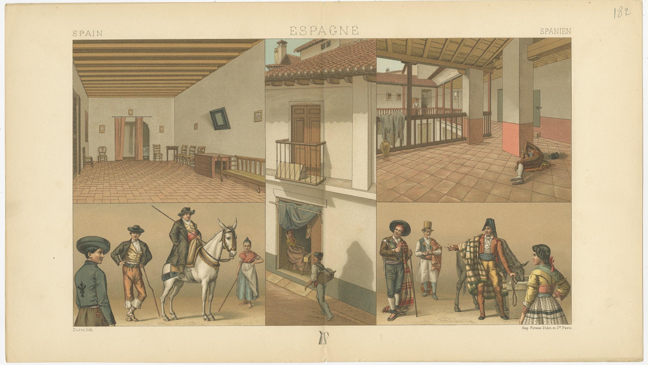 Antique print titled 'Spain - Espagne - Spanien'. Chromolithograph of Spanish Scenes and Interior. This print originates from 'Le Costume Historique' by M.A. Racinet. Published, circa 1880.
 
  
