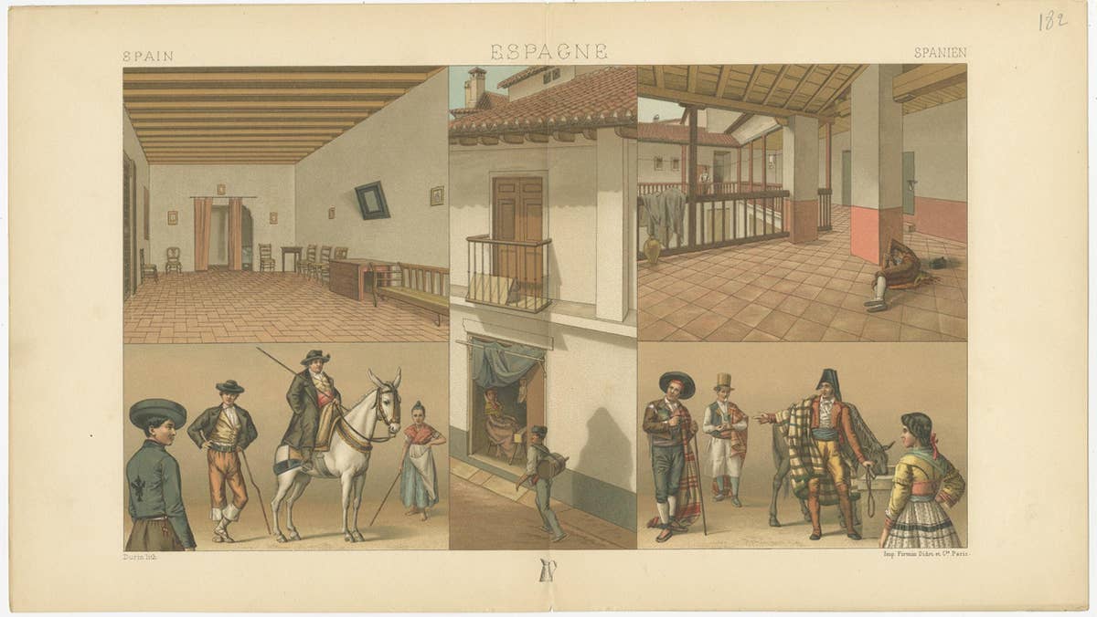 Antique Print of Spanish Scenes and Interior by Racinet, 'circa 1880'