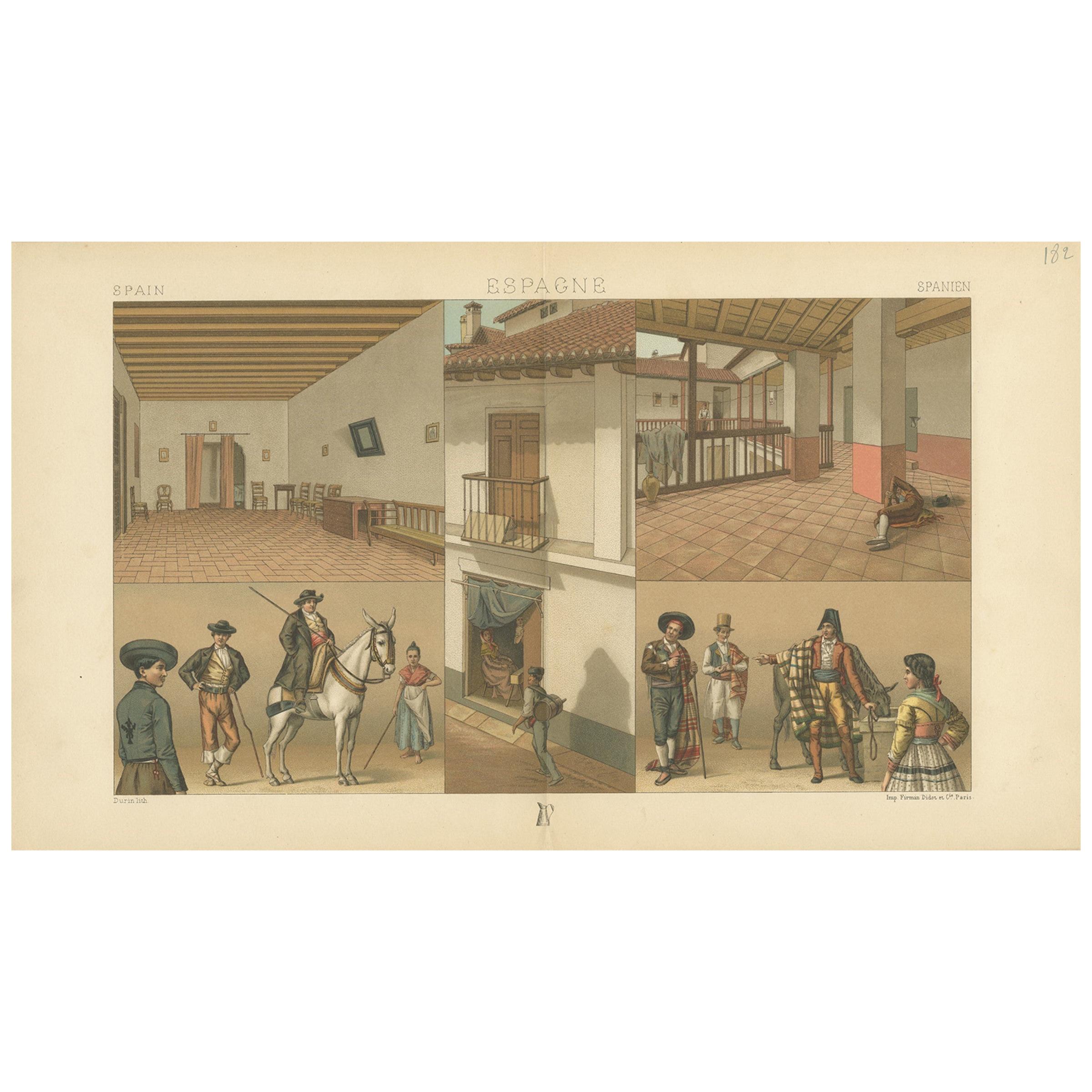Antique Print of Spanish Scenes and Interior by Racinet, 'circa 1880' For Sale