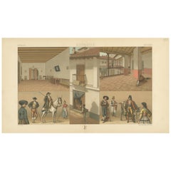 Antiker Druck von spanischen Szenen und Interieur von Racinet, 'circa 1880'.