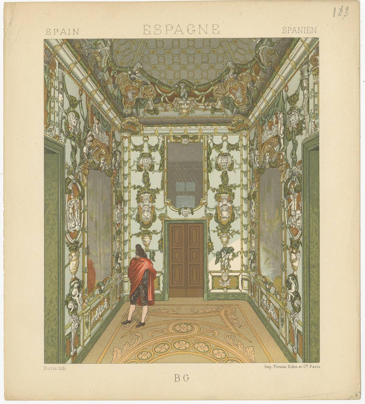 Pl. 183 Antique Print of Spanish Interior by Racinet, 'circa 1880'