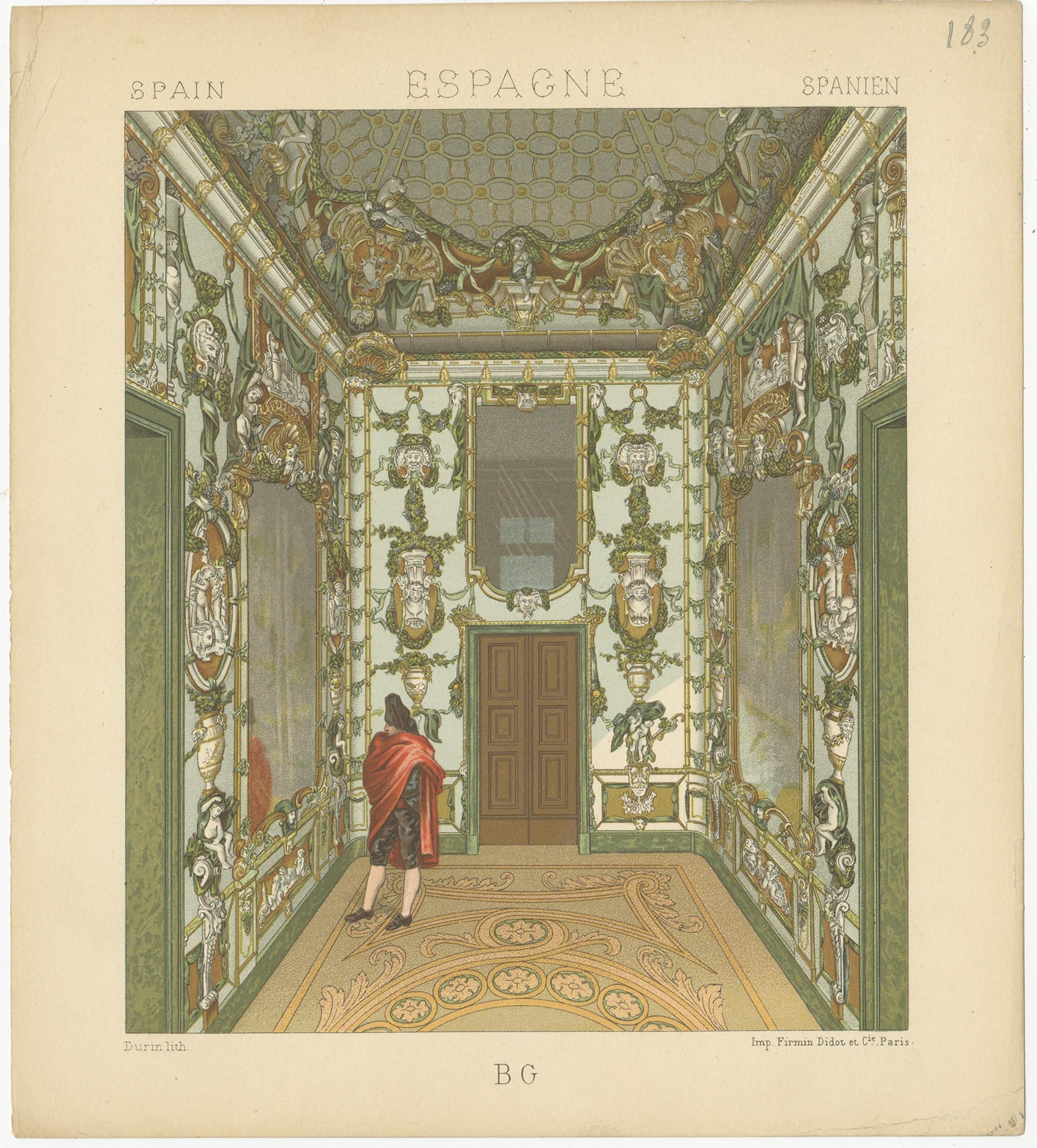 XIXe siècle Pl. 183 Gravure ancienne d'un intérieur espagnol par Racinet, 'circa 1880' en vente