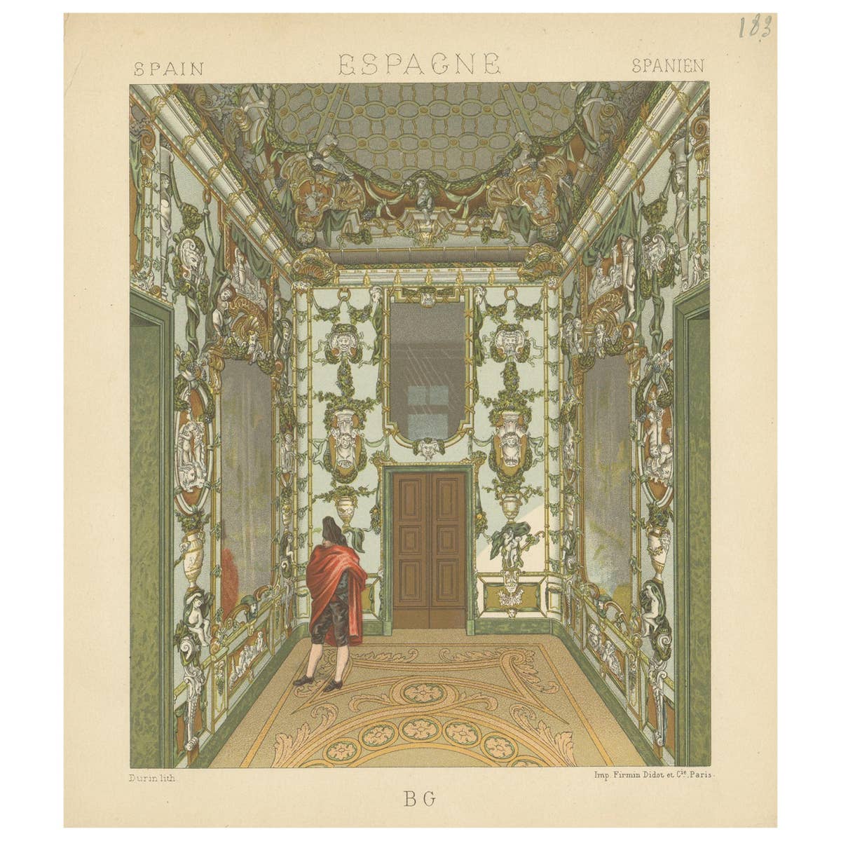 Pl. 183 Antique Print of Spanish Interior by Racinet, 'circa 1880'