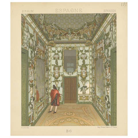 Pl. 183 Antique Print of Spanish Interior by Racinet, 'circa 1880'