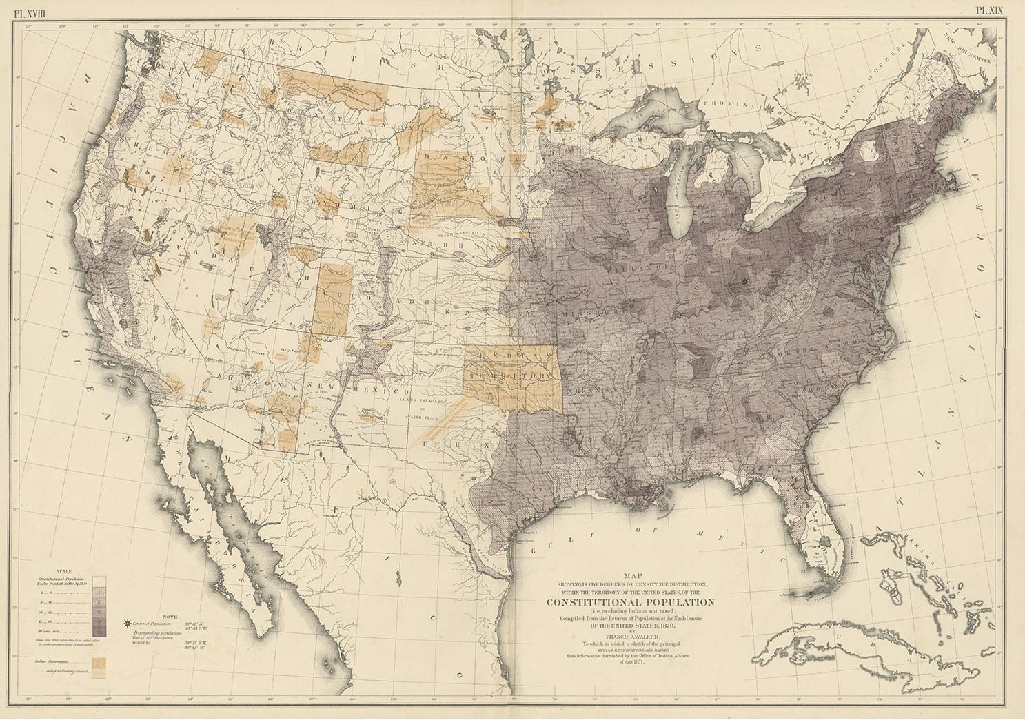 Antique chart titled 'Map showing, in five degrees of density, the distribution, within the territory of the United States, of the constitutional population, i.e., excluding Indians not taxed. Compiled from the returns of population at the ninth