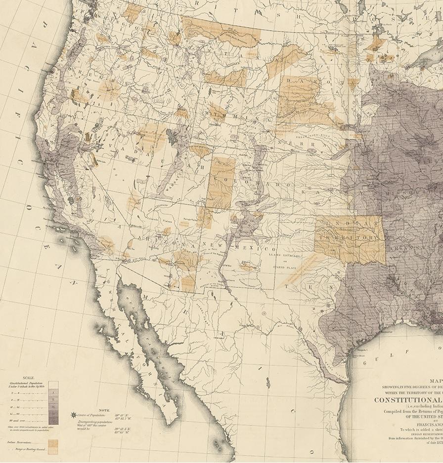 Gráfico antiguo de la población de EE.UU. en 1870, publicado en 1874 en Bueno estado para la venta en Langweer, NL