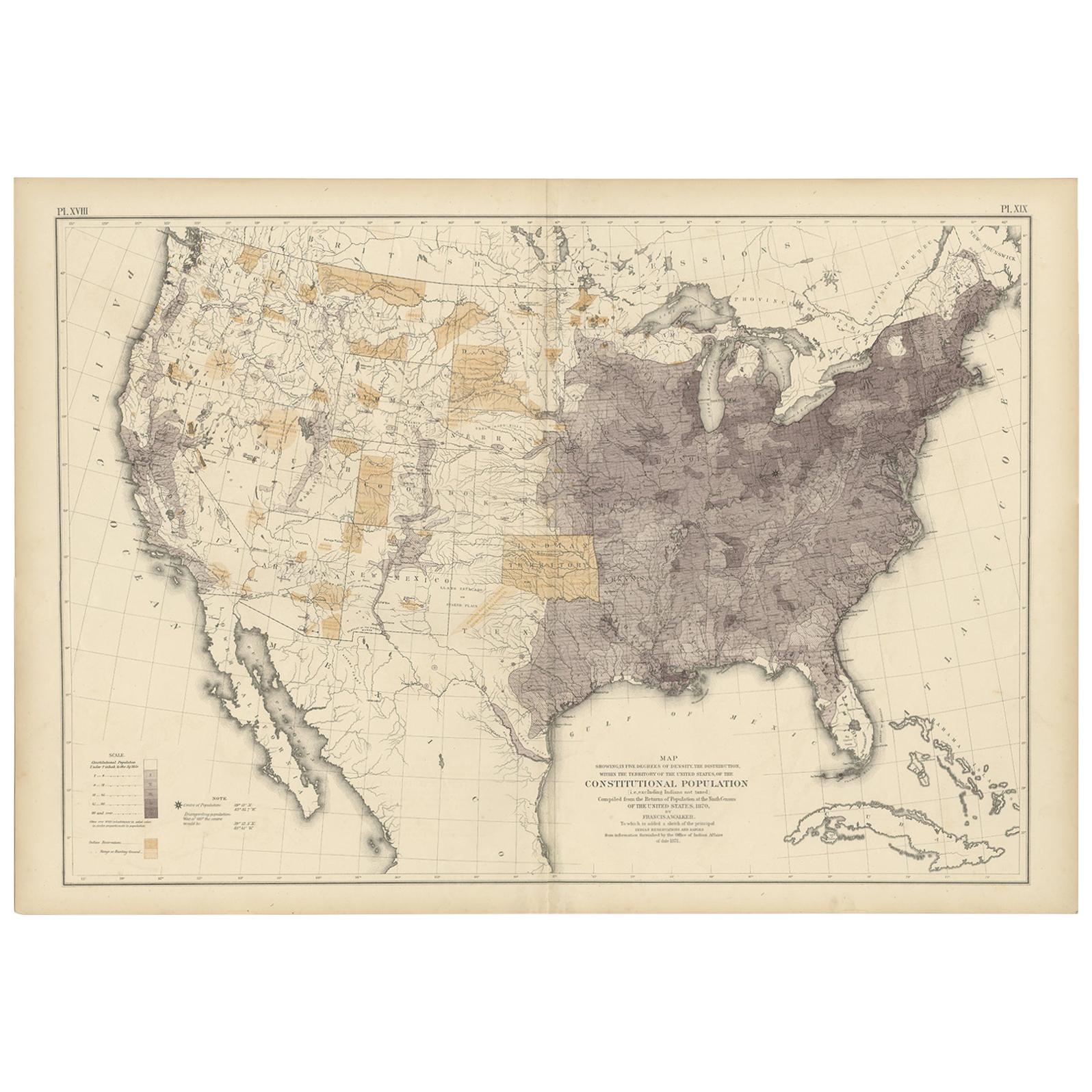 Antique Chart of the US Population in 1870, published in 1874 For Sale