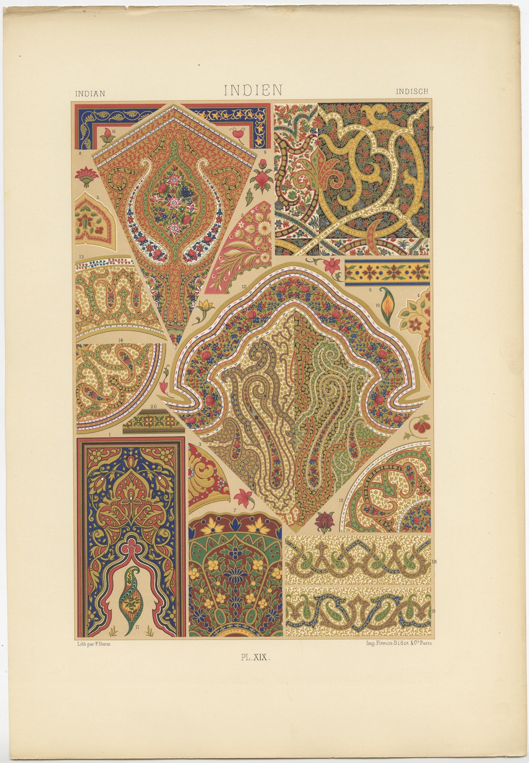 Antique print titled 'Indian - Indien - Indisch'. Chromolithograph of Indian ornaments and decorative arts. This print originates from 'l'Ornement Polychrome' by Auguste Racinet. Published circa 1890.