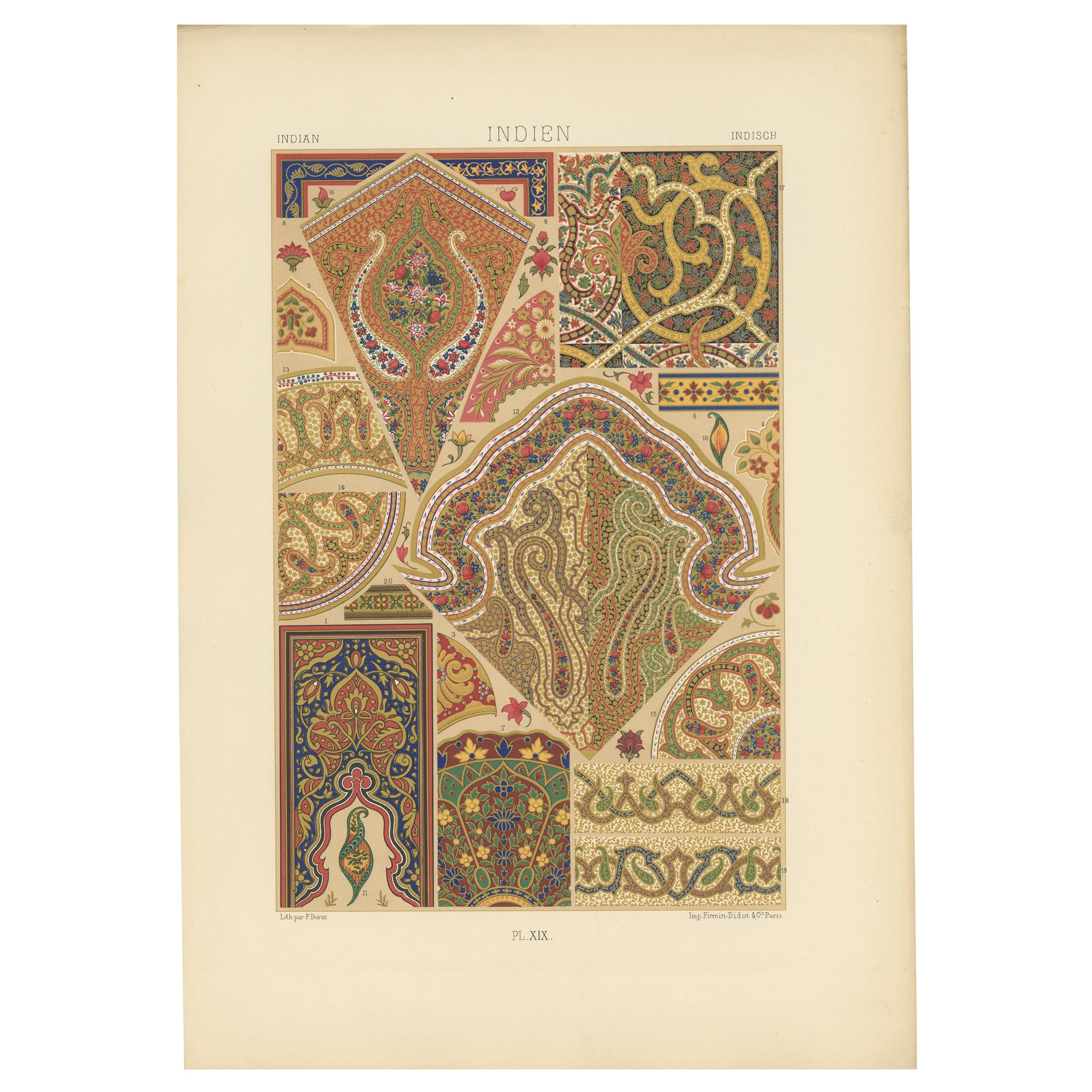 Pl. 19 Antique Print of Indian Ornaments by Racinet, circa 1890 For Sale