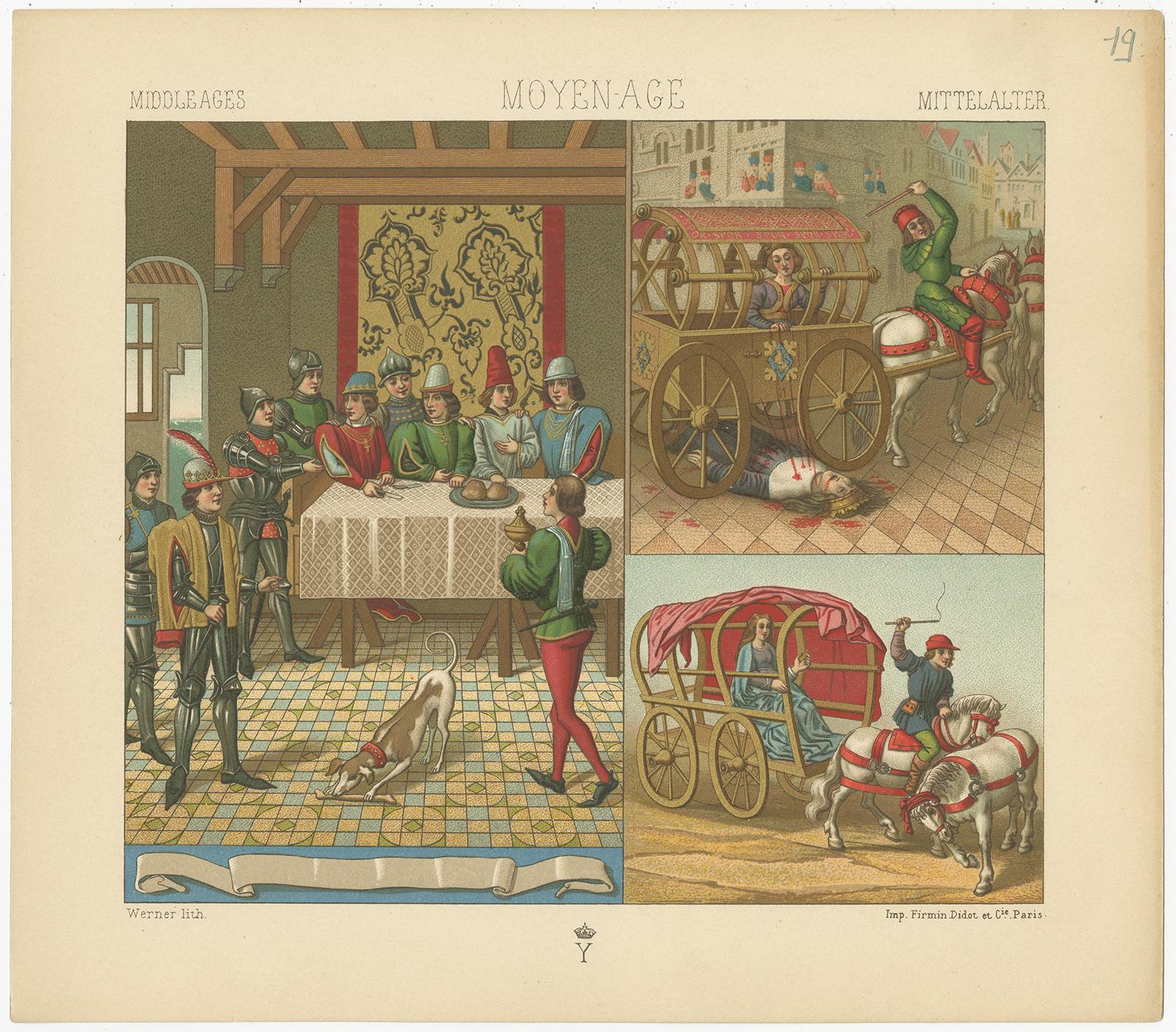 Antique print titled 'Middle Ages - Moyen Age - Mittelalter'. Chromolithograph of Middle Ages Scenes'. This print originates from 'Le Costume Historique' by M.A. Racinet. Published circa 1880.