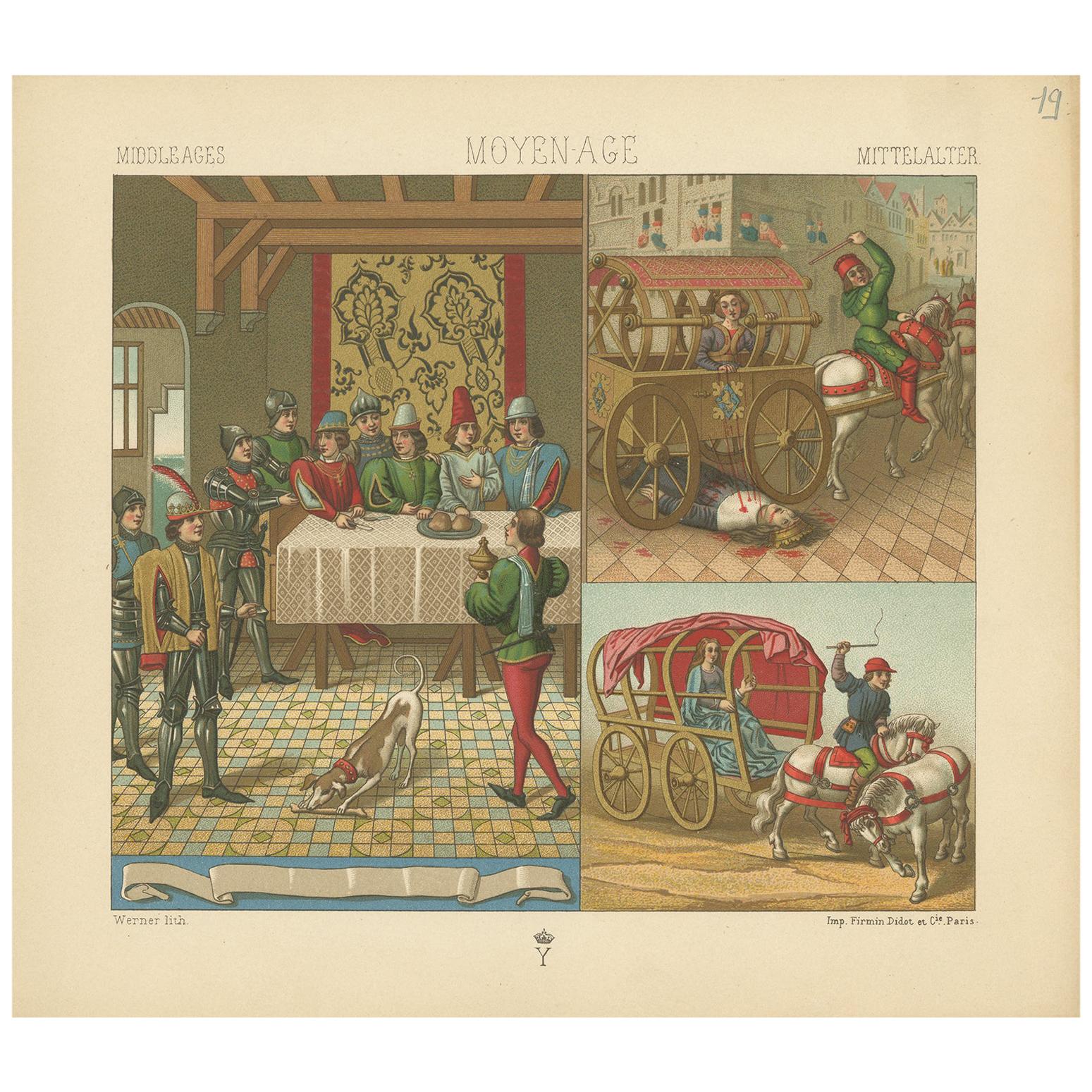 Pl. 19 Antique Print of Middle Ages Scenes by Racinet, circa 1880 For Sale