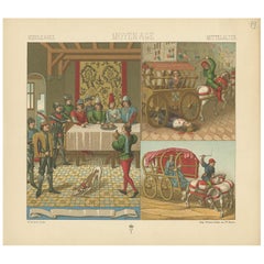 Impression ancienne Pl. 19 de scènes du Moyen Âge par Racinet, vers 1880