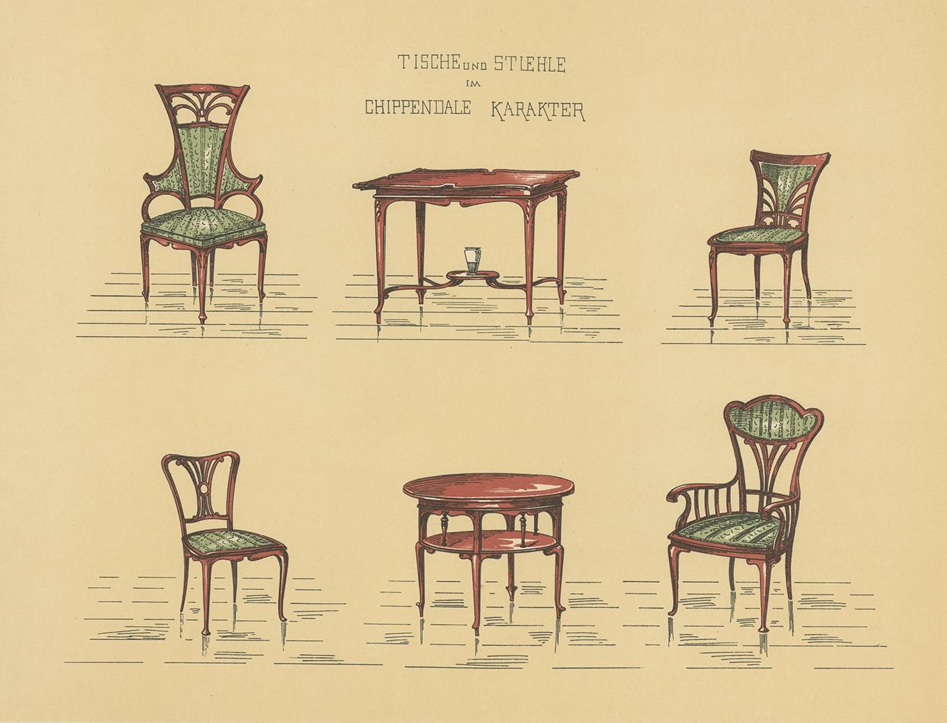 Antique print titled 'Tische und Stuehle im Chippendale Karakter'. Lithograph of tables and chairs. This print originates from 'Det Moderna Hemmet' by Johannes Kramer. Published by Ferdinand Hey'l, circa 1910.