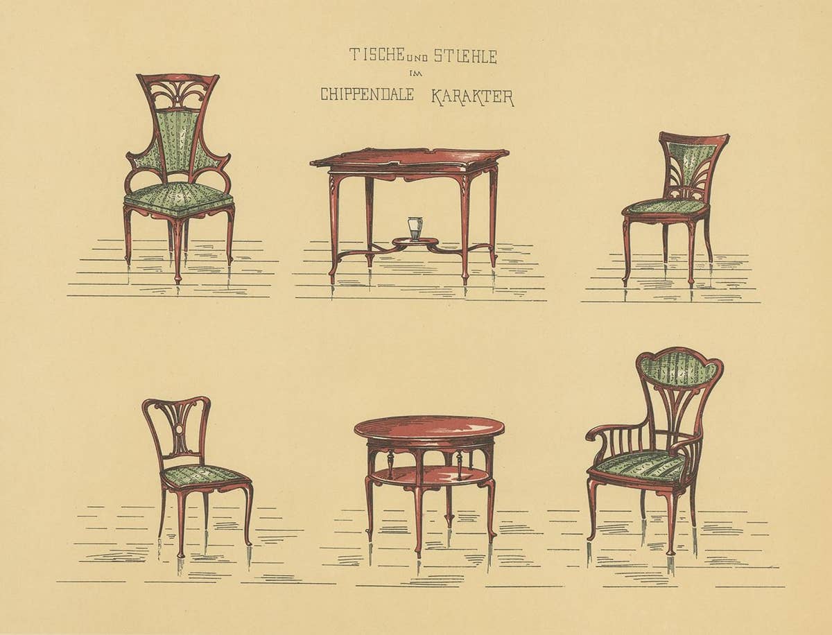 Pl. 19 Antique Print of Tables and Chairs by Kramer 'circa 1910'