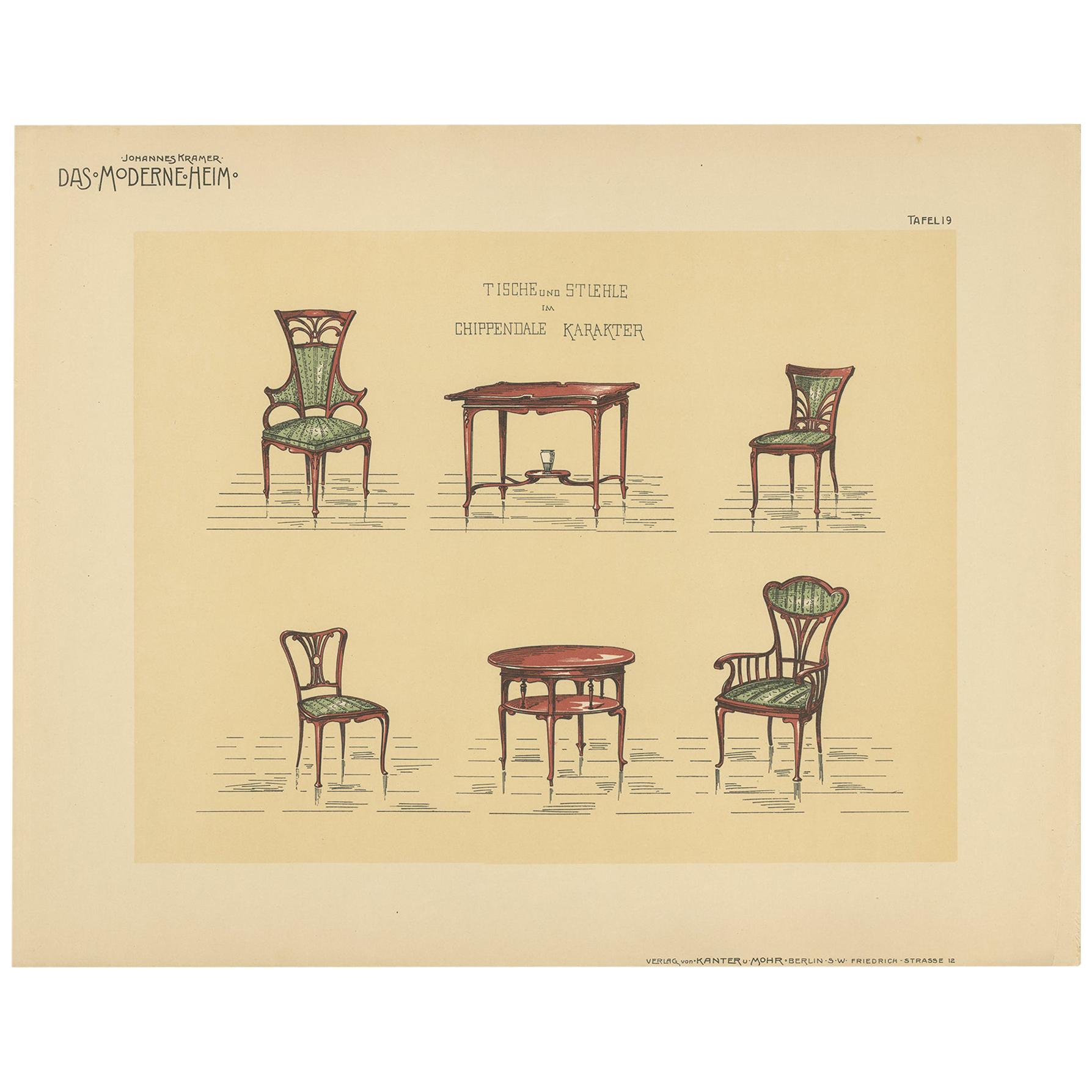 Pl. 19 Antique Print of Tables and Chairs by Kramer 'circa 1910'
