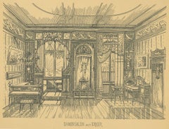 Pl. 2 Antique Print of a Ladies Salon with Bay Window by Kramer 'circa 1910'