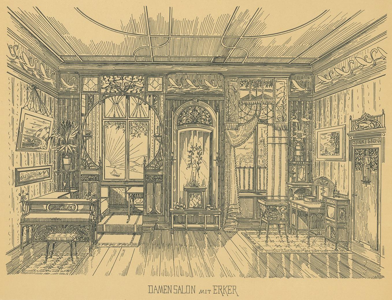 Pl. 2 Antique Print of a Ladies Salon with Bay Window by Kramer 'circa 1910' In Good Condition For Sale In Langweer, NL