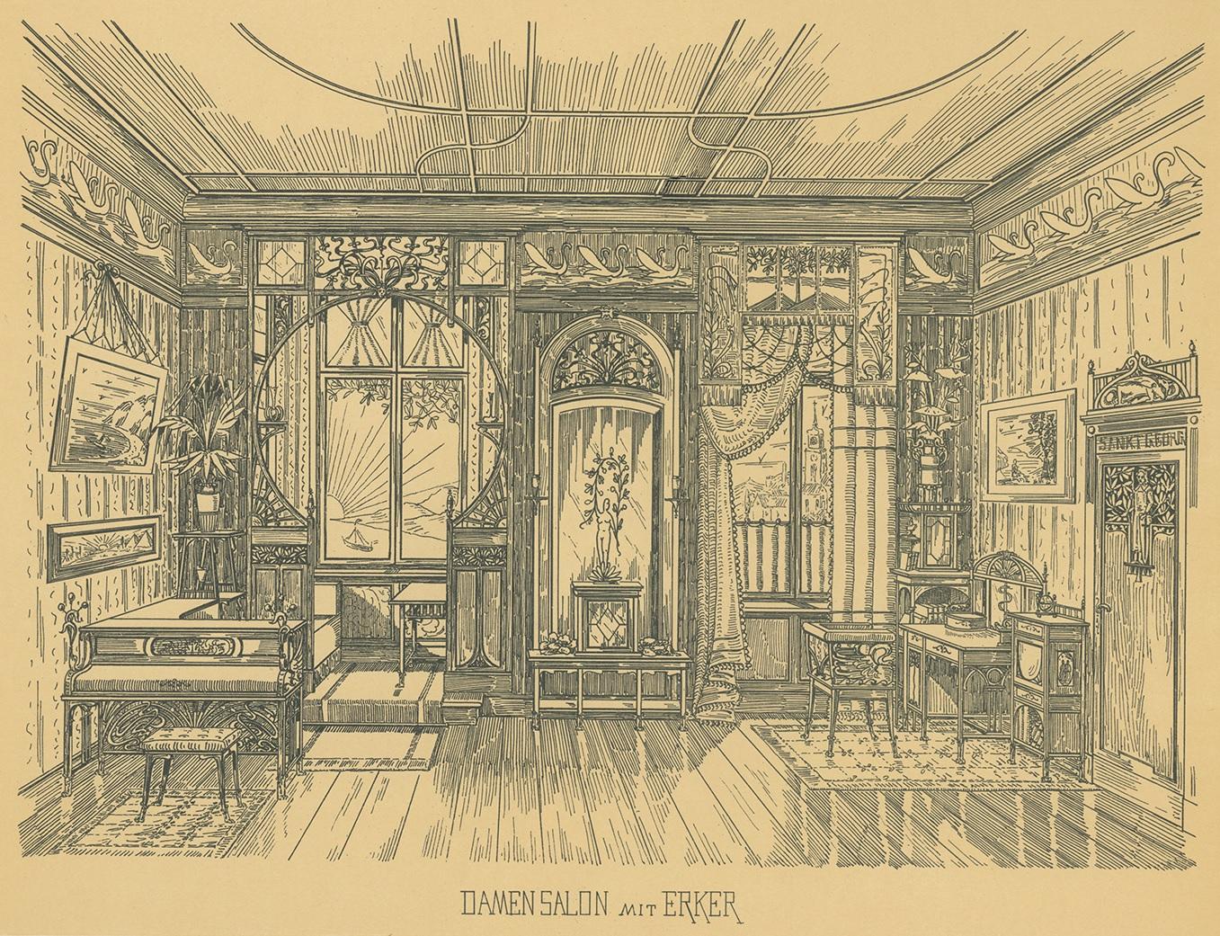 20ième siècle Impression ancienne Pl. 2 d'un salon pour femmes avec fenêtre en forme de baie par Kramer, vers 1910 en vente