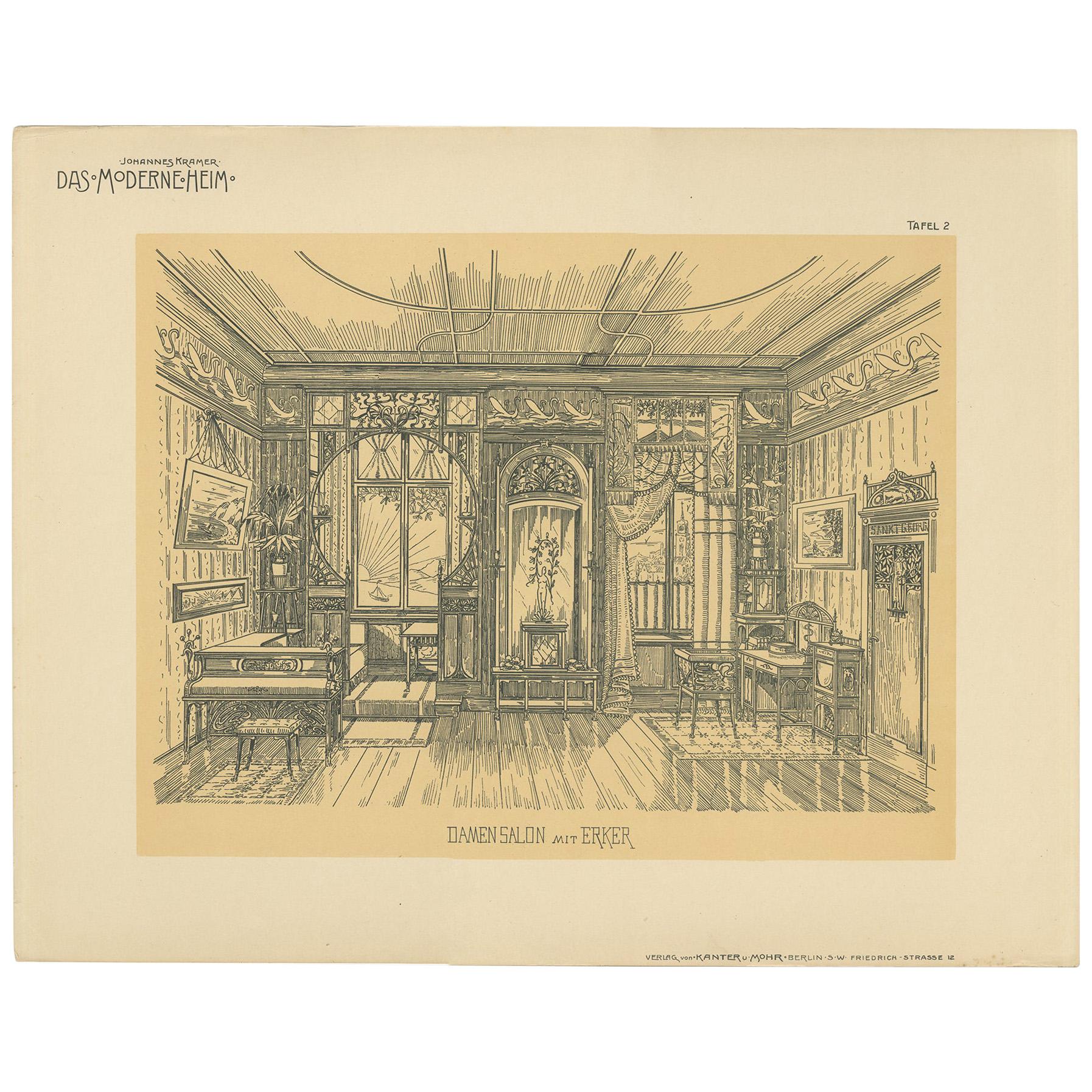 Pl. 2 Antique Print of a Ladies Salon with Bay Window by Kramer 'circa 1910' For Sale