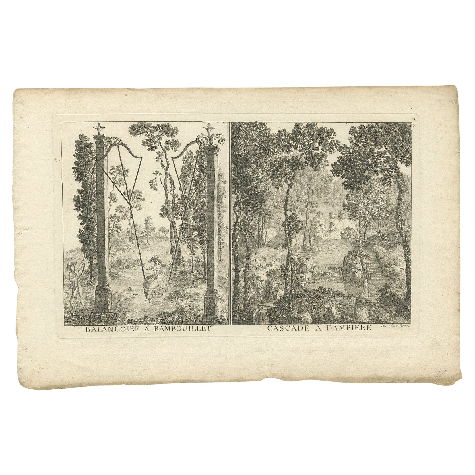 Pl. 2 Antique Print of a Waterfall and Garden Swing by Le Rouge, c.1785 For Sale