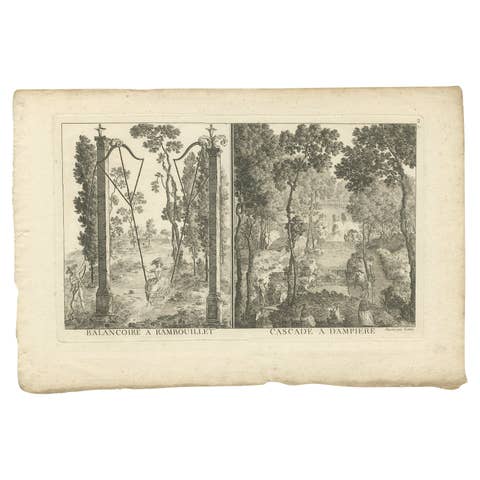 Pl. 2 Antique Print of a Waterfall and Garden Swing by Le Rouge, c.1785