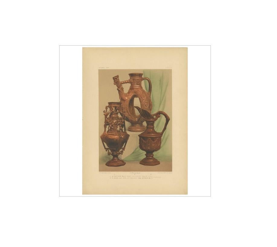 Antique print titled 'Earthen Ware Vase'. Lithograph of an earthenware vase. This print originates from ‘Examples of Pottery and Porcelain selected from the Royal and other Collections’. Edited by J.B. Waring. Chromo-lithographed by F. Bedford.