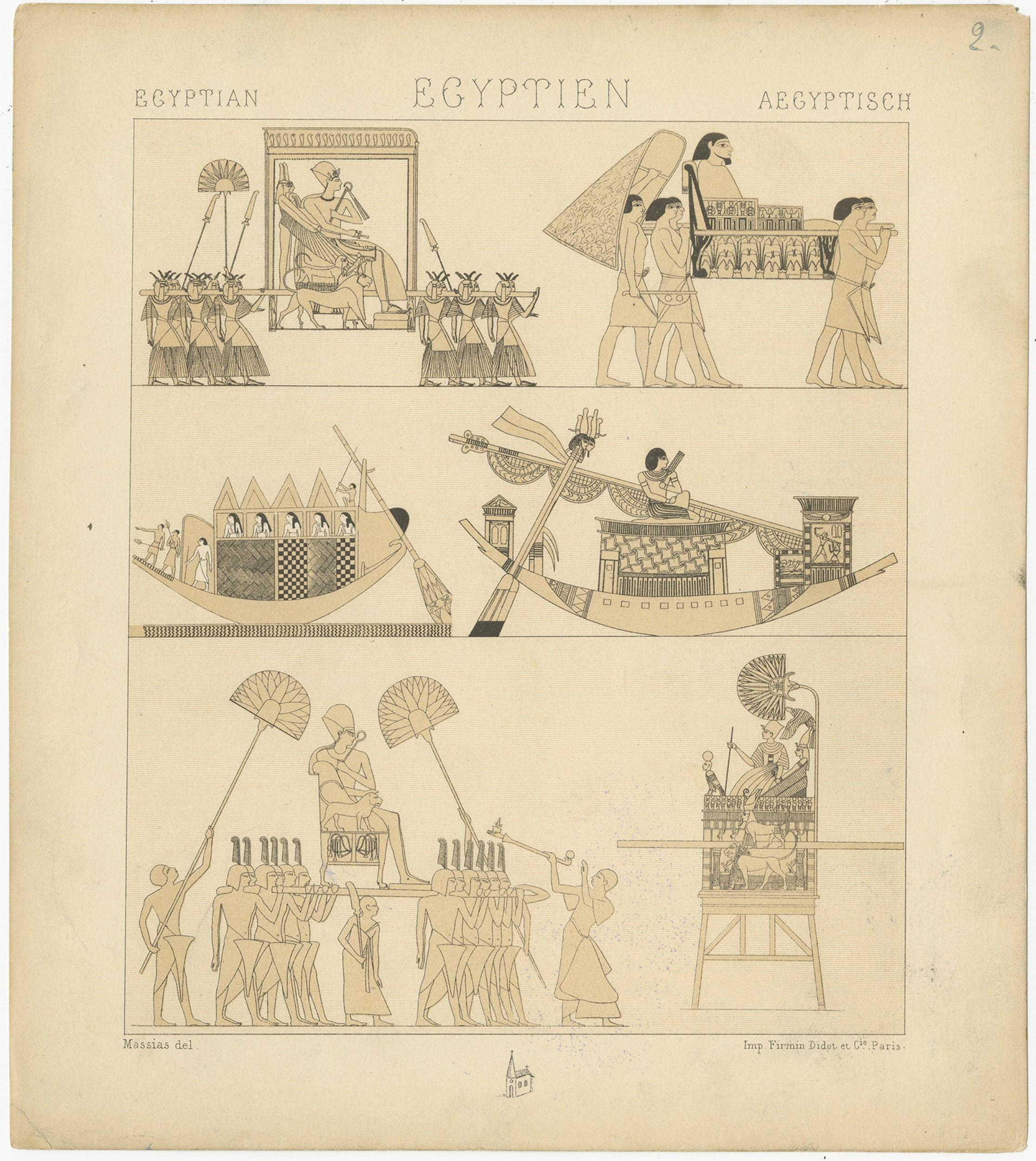 Antique print titled 'Egyptian - Egyptien - Aegyptisch'. Chromolithograph of Egyptian Decorative Objects. This print originates from 'Le Costume Historique' by M.A. Racinet. Published, circa 1880.

  
