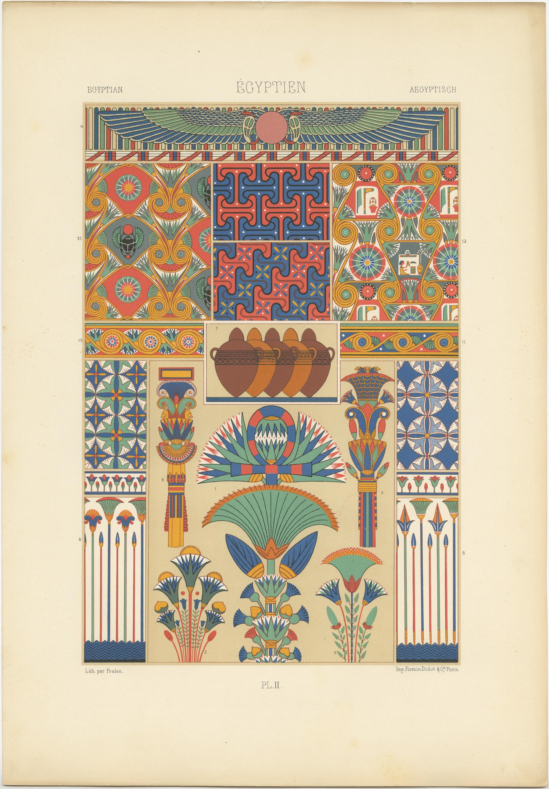 Antique print titled 'Egyptian- Égyptien - Aegyptisch'. Chromolithograph of Egyptian ornaments and decorative arts. This print originates from 'l'Ornement Polychrome' by Auguste Racinet. Published circa 1890.