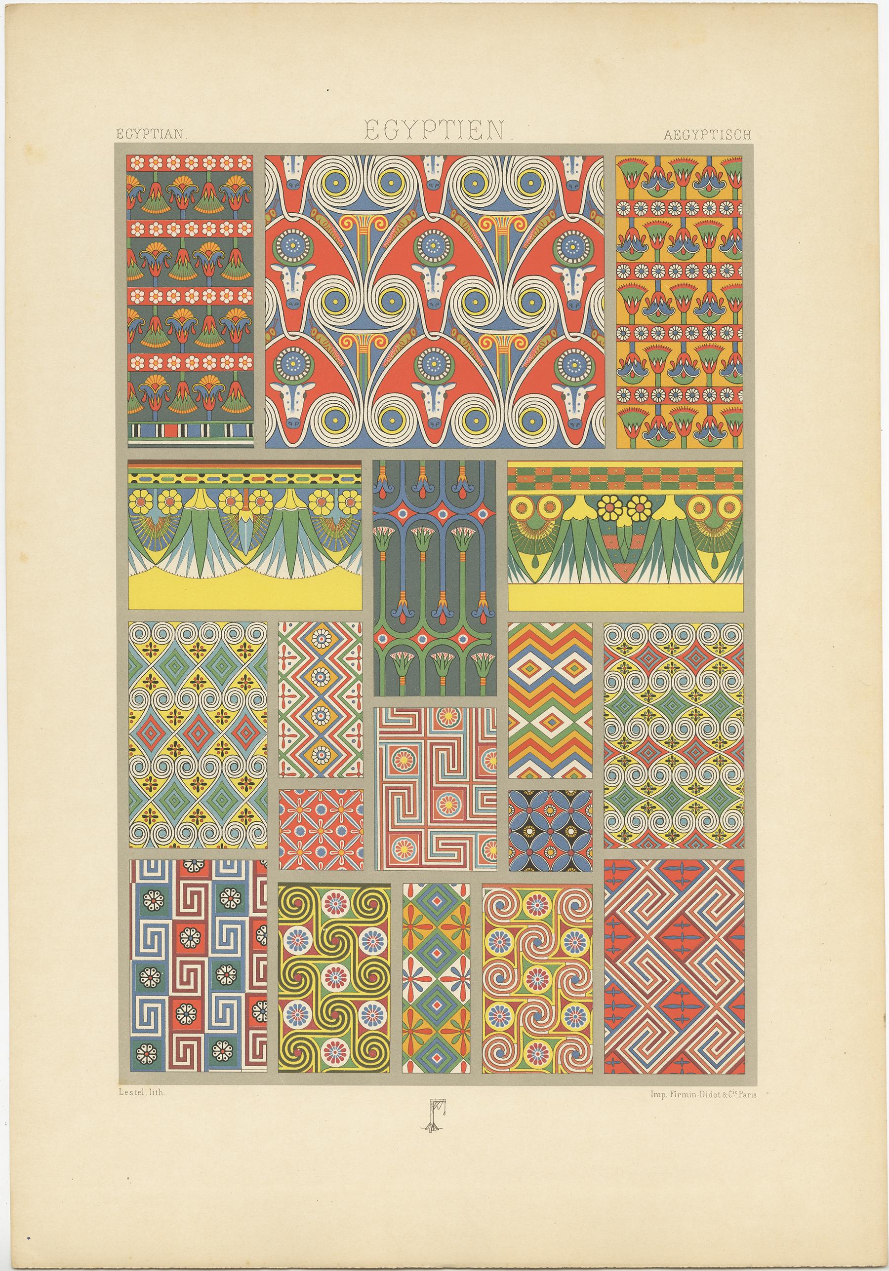 Antique print titled 'Egyptian - Egyptien - Aegyptisch'. Chromolithograph of Egyptian painted tomb ceiling and friezes ornaments. This print originates from 'l'Ornement Polychrome' by Auguste Racinet. Published circa 1890.