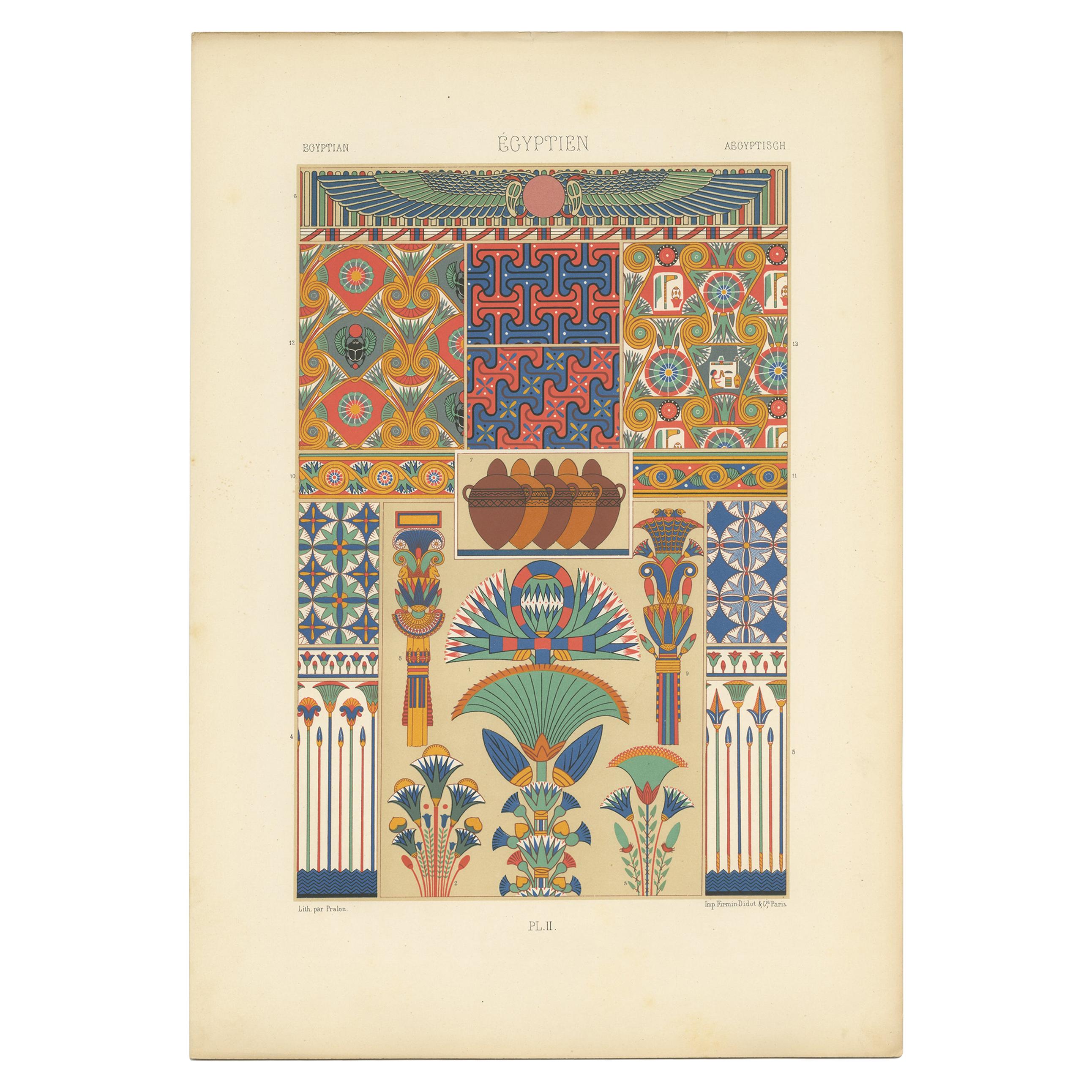 Pl. 2 Antiker Druck mit ägyptischen Ornamenten von Racinet, um 1890 im Angebot
