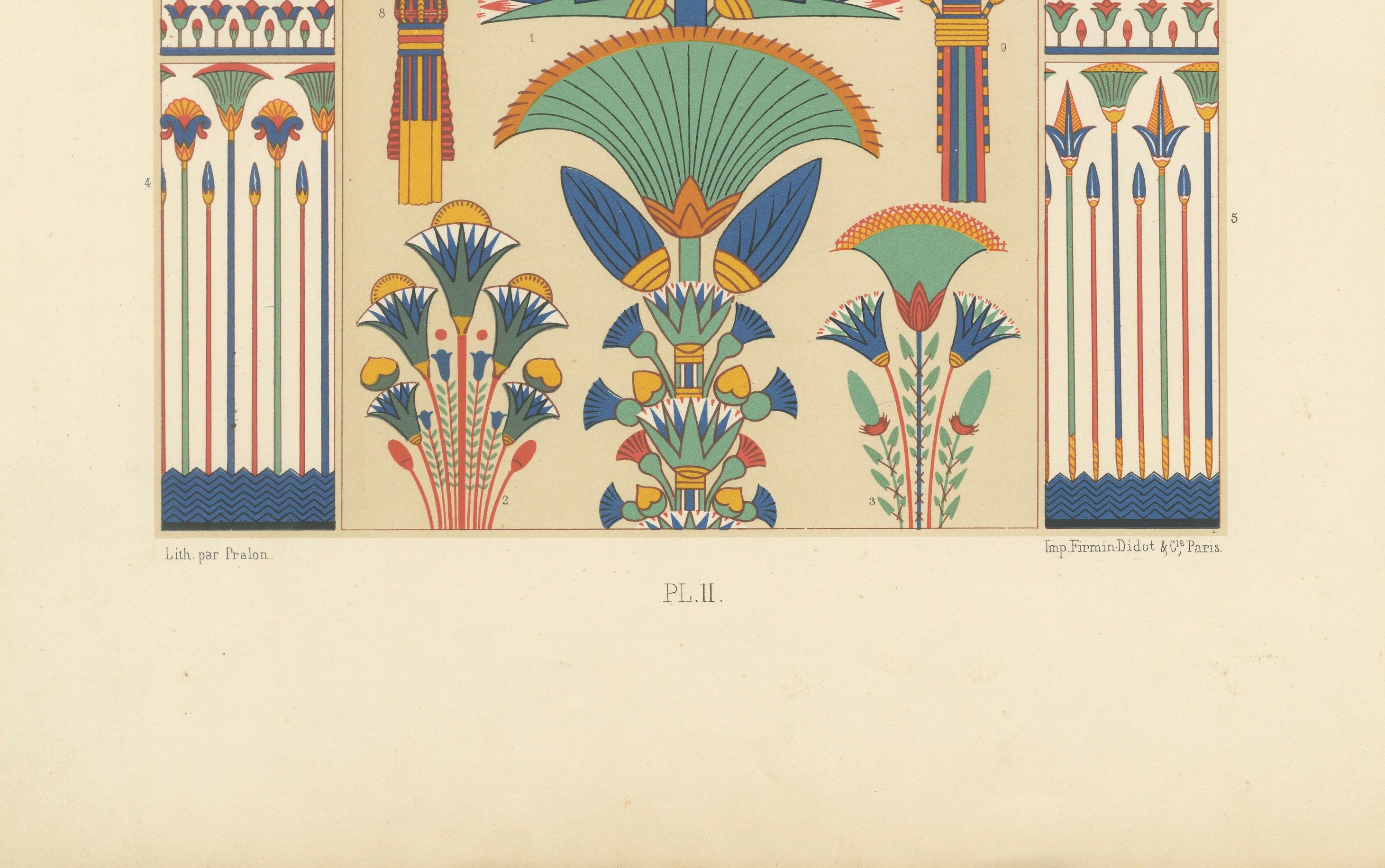 Egyptian Ornament Motifs – Lotus Columns & Symbolic Designs, Plate II

Description:
This brilliantly colored decorative plate titled 