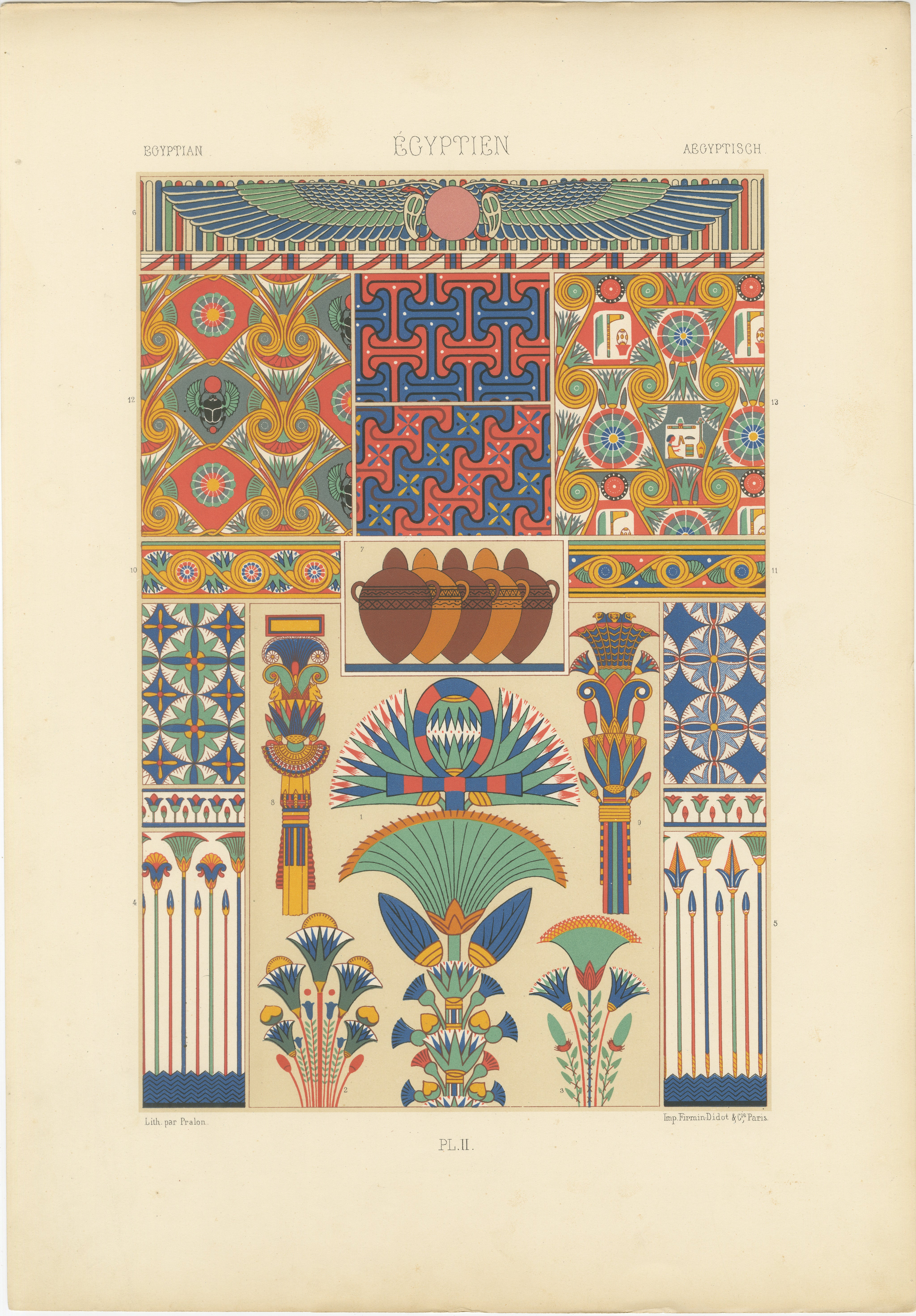 Pl. 2 Stampa antica di ornamenti egiziani di Racinet 'circa 1890'. 2 Stampa antica di ornamenti egiziani di Racinet "circa 1890
