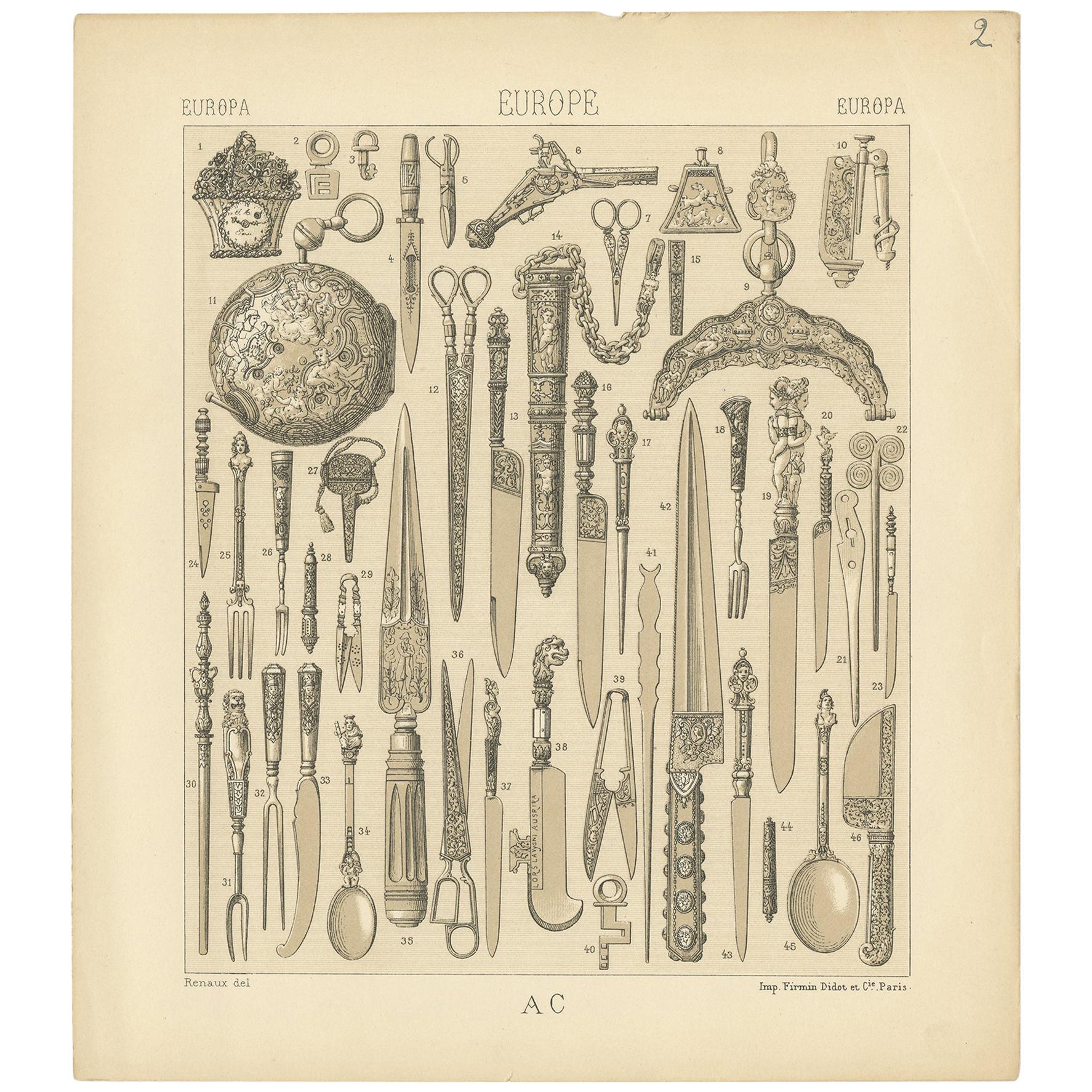 Pl. 2 Antique Print of European Weapons and Jewelry Objects, Racinet, circa 1880 For Sale